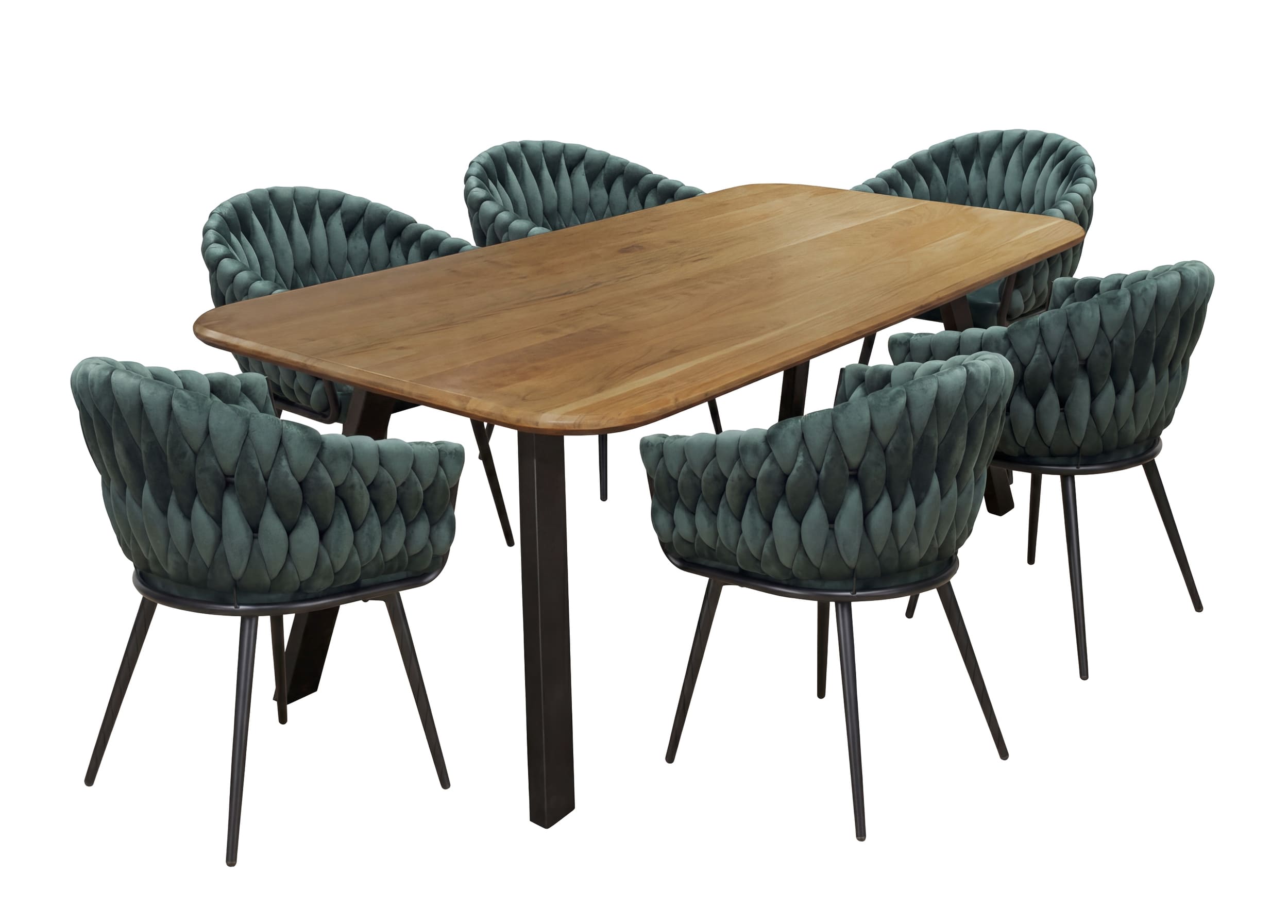 LC Home Essgruppe Remy 7tlg. Esstisch Akazie Metallgestell 215x100cm + 6 Esszimmerstühle Remy Grün