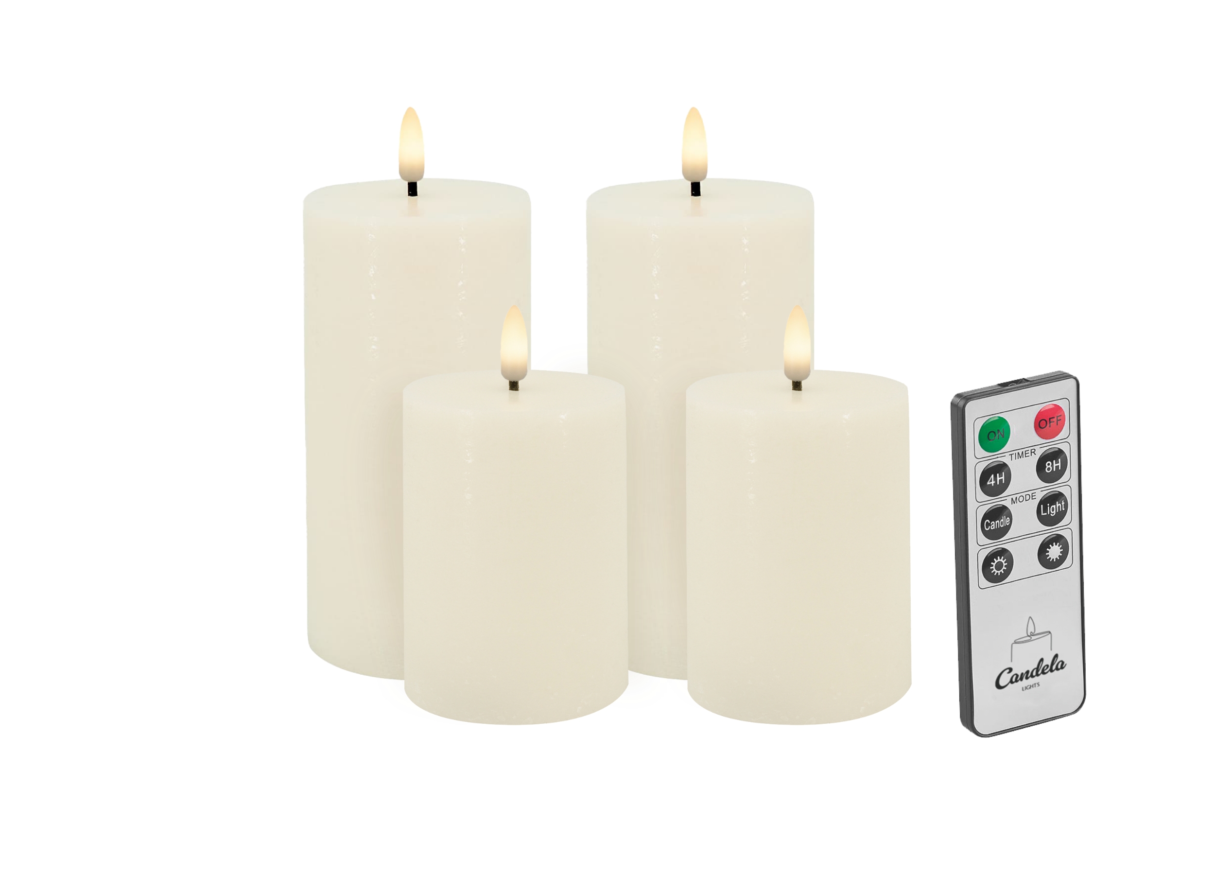 Candela Lights LED Kerzen 4er Set Stumpenkerze creme rustic Echtwachs mit Fernbedienung Timer Funktion & mehrstufig dimmbar flammenlos Echtwachskerzen