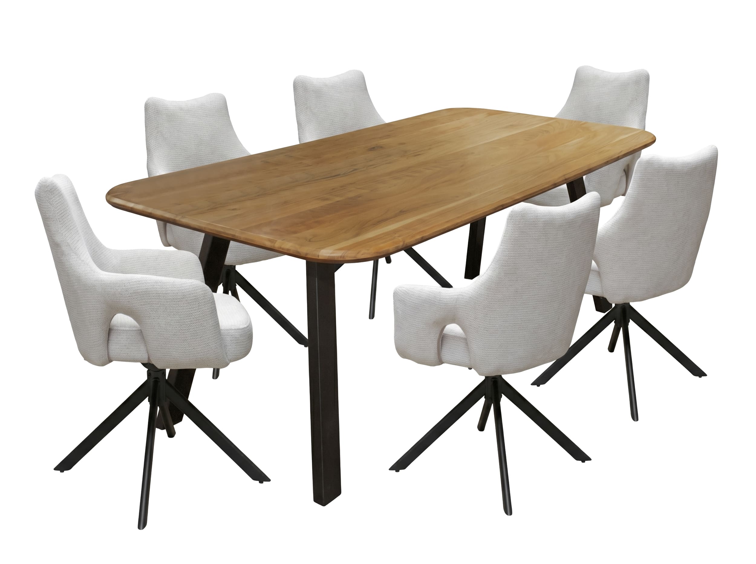 LC Home Essgruppe Livrono 7tlg. Esstisch Akazie Metallgestell 215x100cm + 6 Esszimmerstühle Livrono Creme