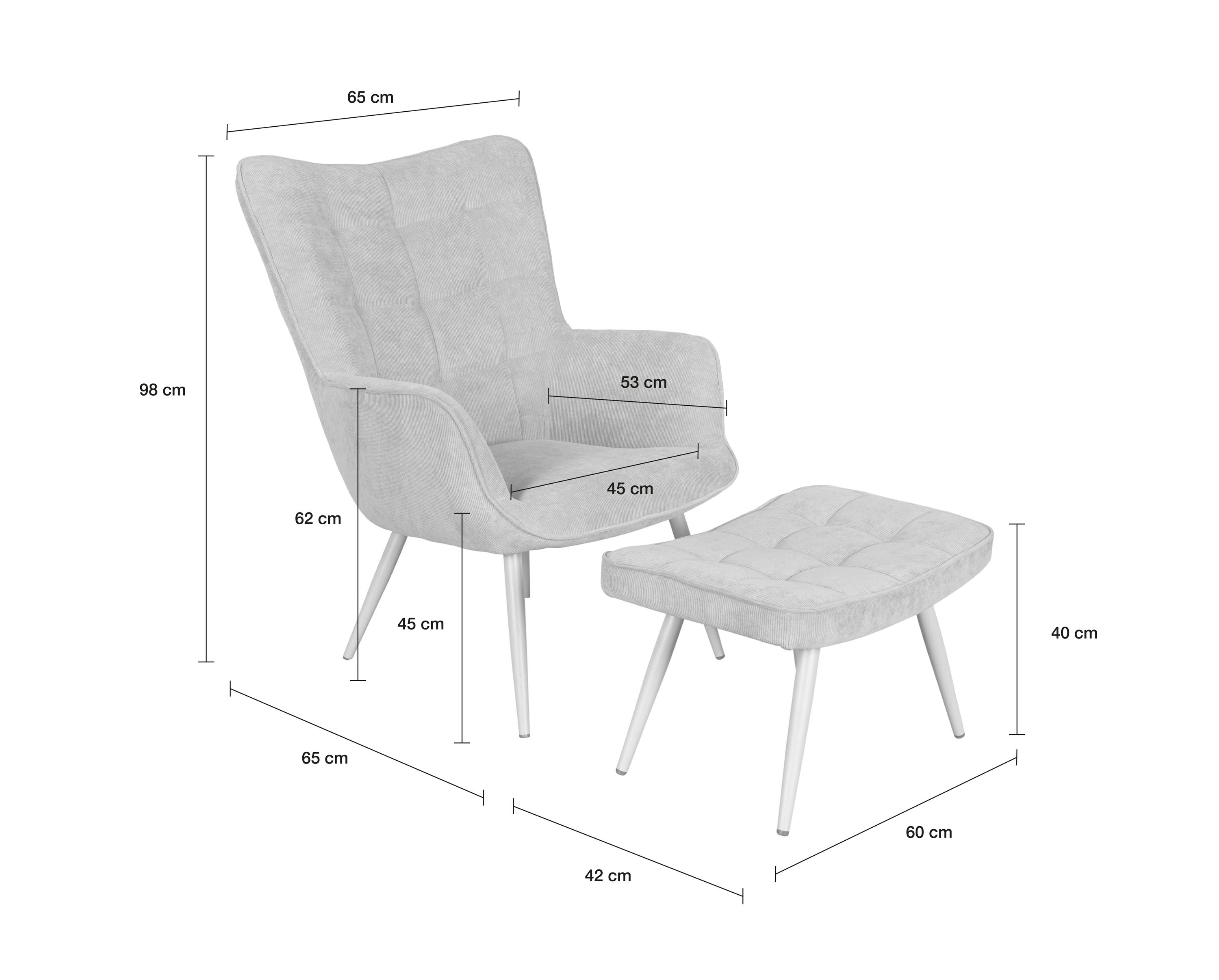 LC Home Relaxsessel Umbera Vintage Retro Polstersessel Ohrensessel mit Hocker Samtbezug Hellgrau