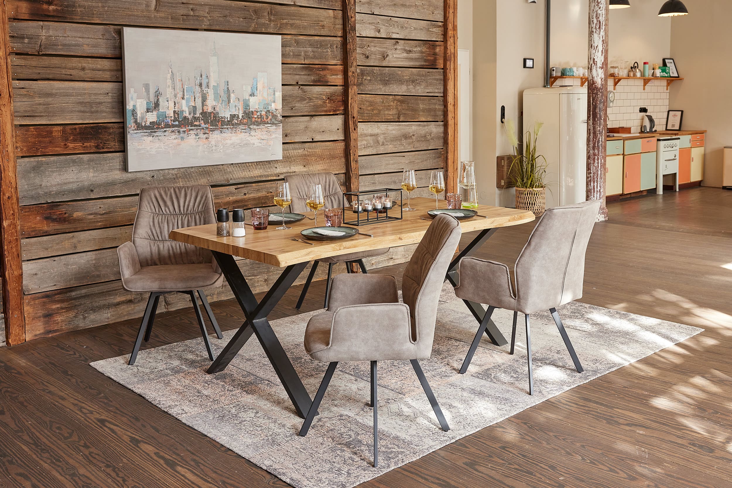 LC Home »Macau« Dining Set V Sitzgruppe Lederoptik grau
