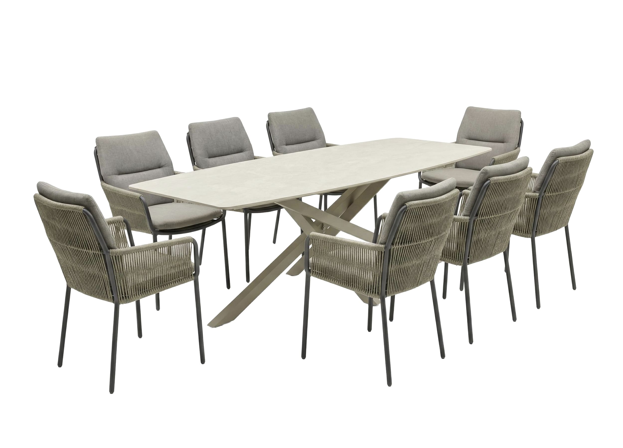 LC Garden »Como« Gartenset 220cm Gartentisch Beton-Optik & 8er Set Armlehnstühle Taupe Rope