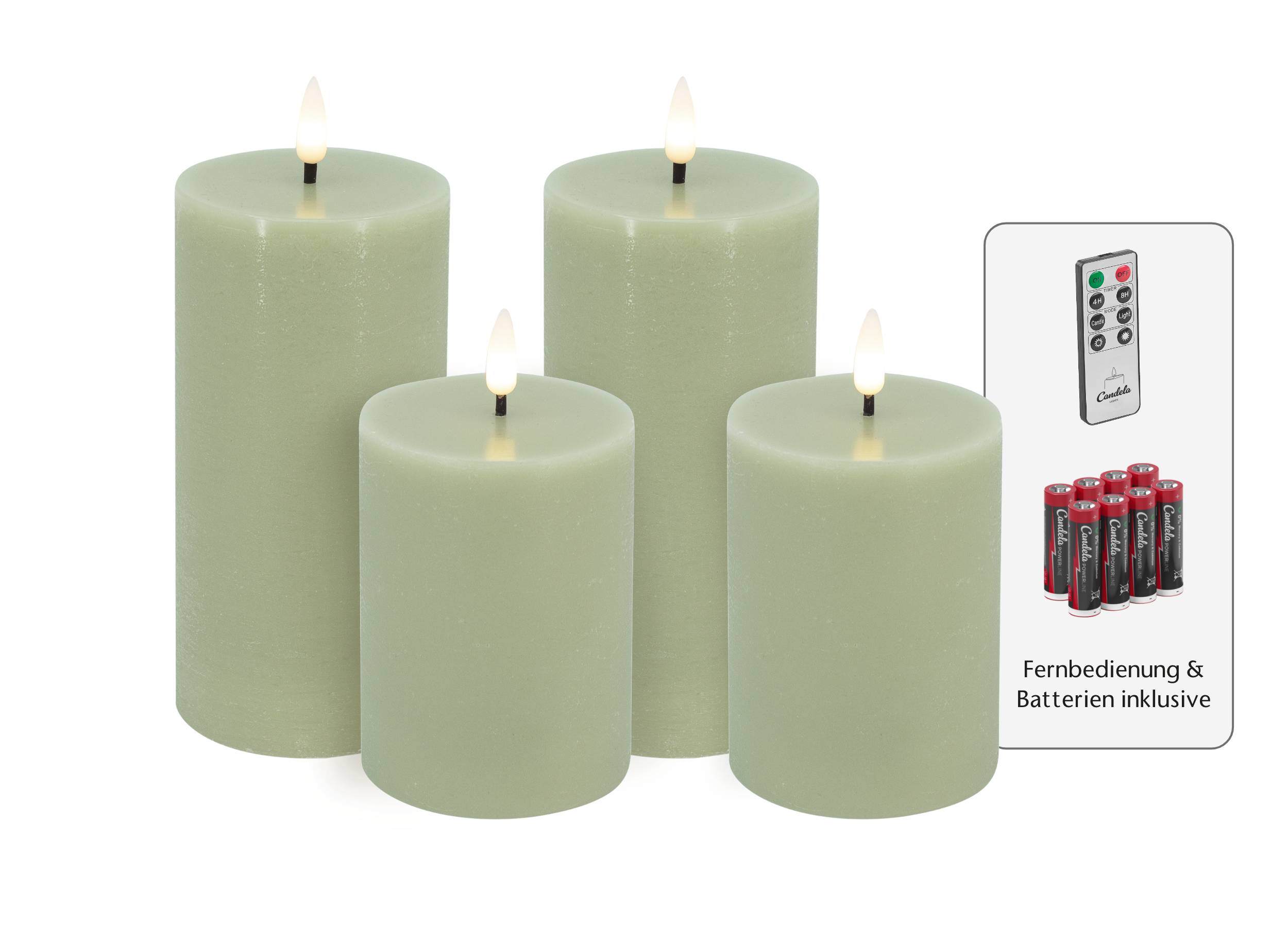 Candela Lights LED Kerzen 4er Set Basic Grün rustic Echtwachs inklusive Fernbedienung und 8 Batterien Timer Funktion & mehrstufig dimmbar flammenlos Echtwachskerzen Stumpenkerzen