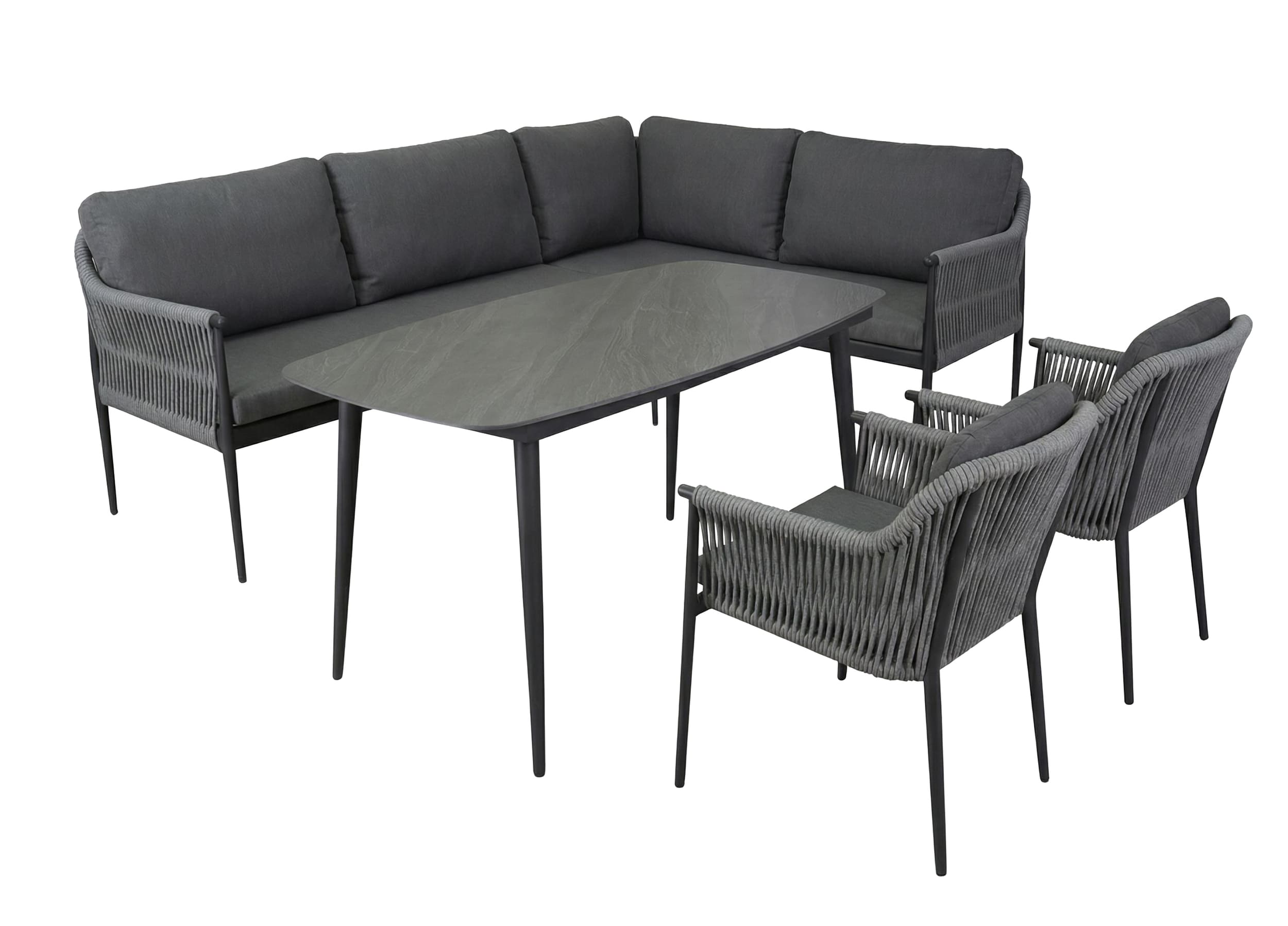 LC Garden »Bari« Dining Lounge Set mit 160cm Gartentisch und 2er Set Gartenstühle Anthrazit Rope Aluminium Gartenlounge inkl. Kissen