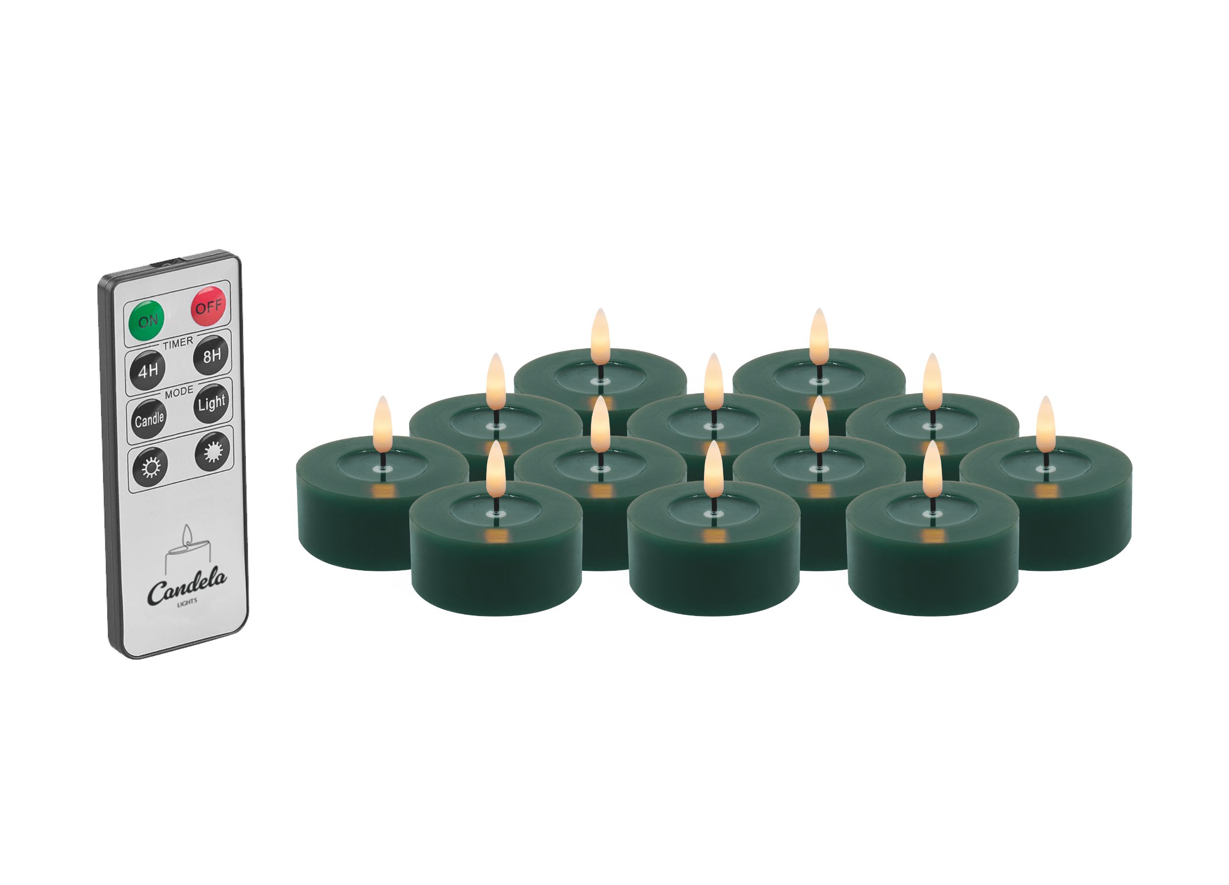 Candela Lights LED Kerzen 12er Set Ø6,8cm Winter grün glatt Echtwachs Teelicht mit Fernbedienung & Timerfunktion Flammenlose flackernde LED-Kerze mehrstufig dimmbar