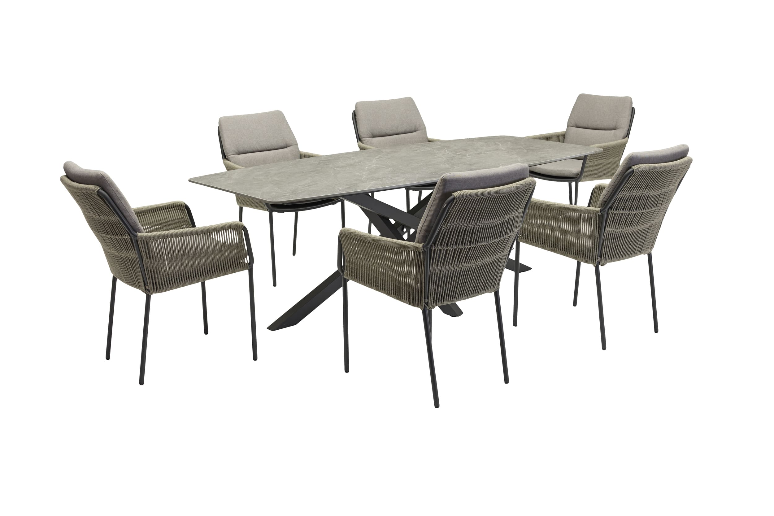 LC Garden »Como« Gartenset Esstisch 200cm Beton-Optik mit 6er Set Armlehnstühlen Taupe Rope