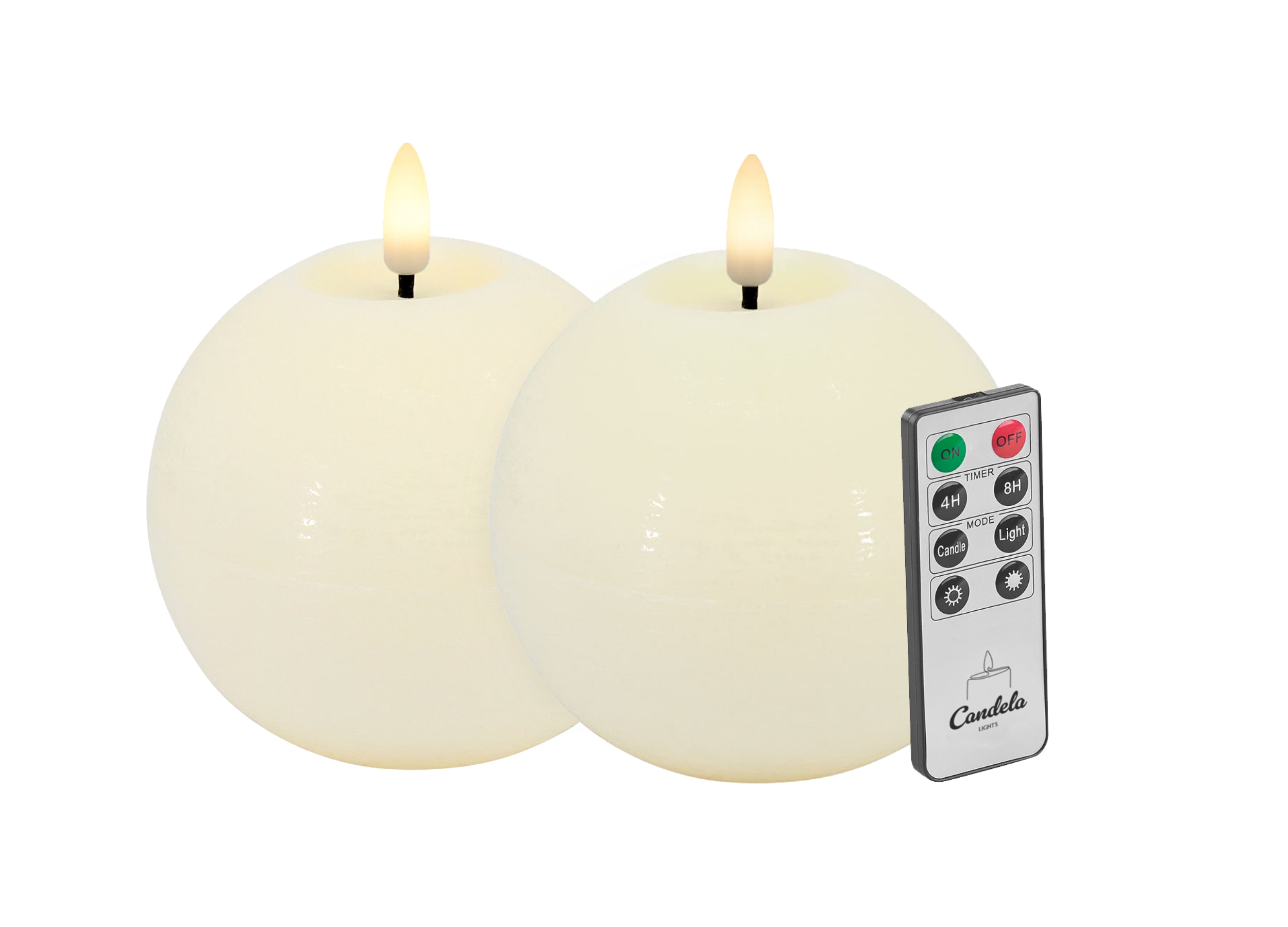 Candela Lights LED Kugelkerzen 2er Set Echtwachs creme rustic H:8,5xØ10cm Flammeneffekt & feste Flamme mit Fernbedienung Timer Funktion & mehrstufig dimmbar Echtwachskerzen