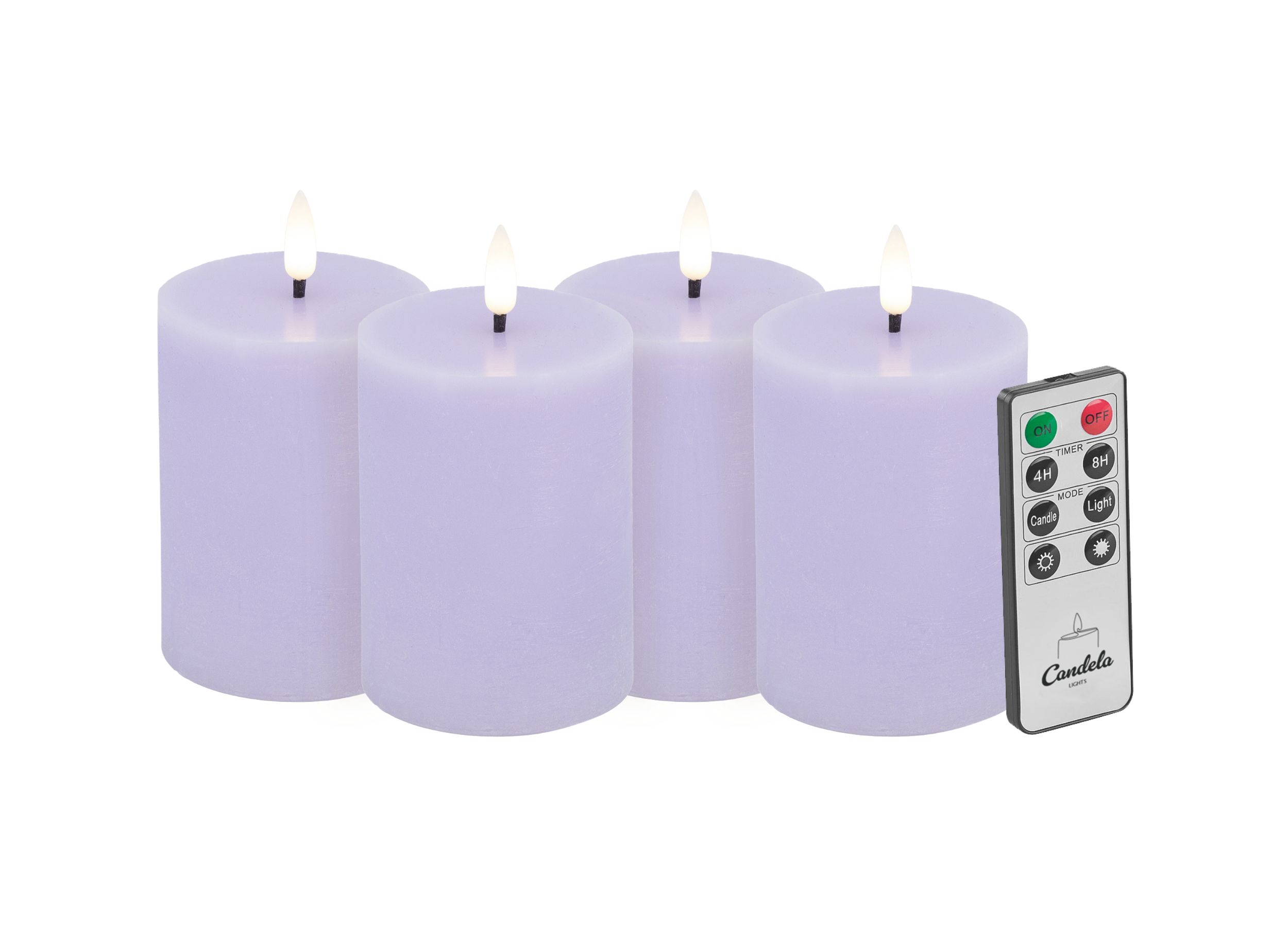 Candela LED Kerzen 4er Set H:10xØ7,5cm Summer Purple rustic Echtwachs mit Fernbedienung Timer Funktion & mehrstufig dimmbar flammenlos Echtwachskerzen Stumpenkerze