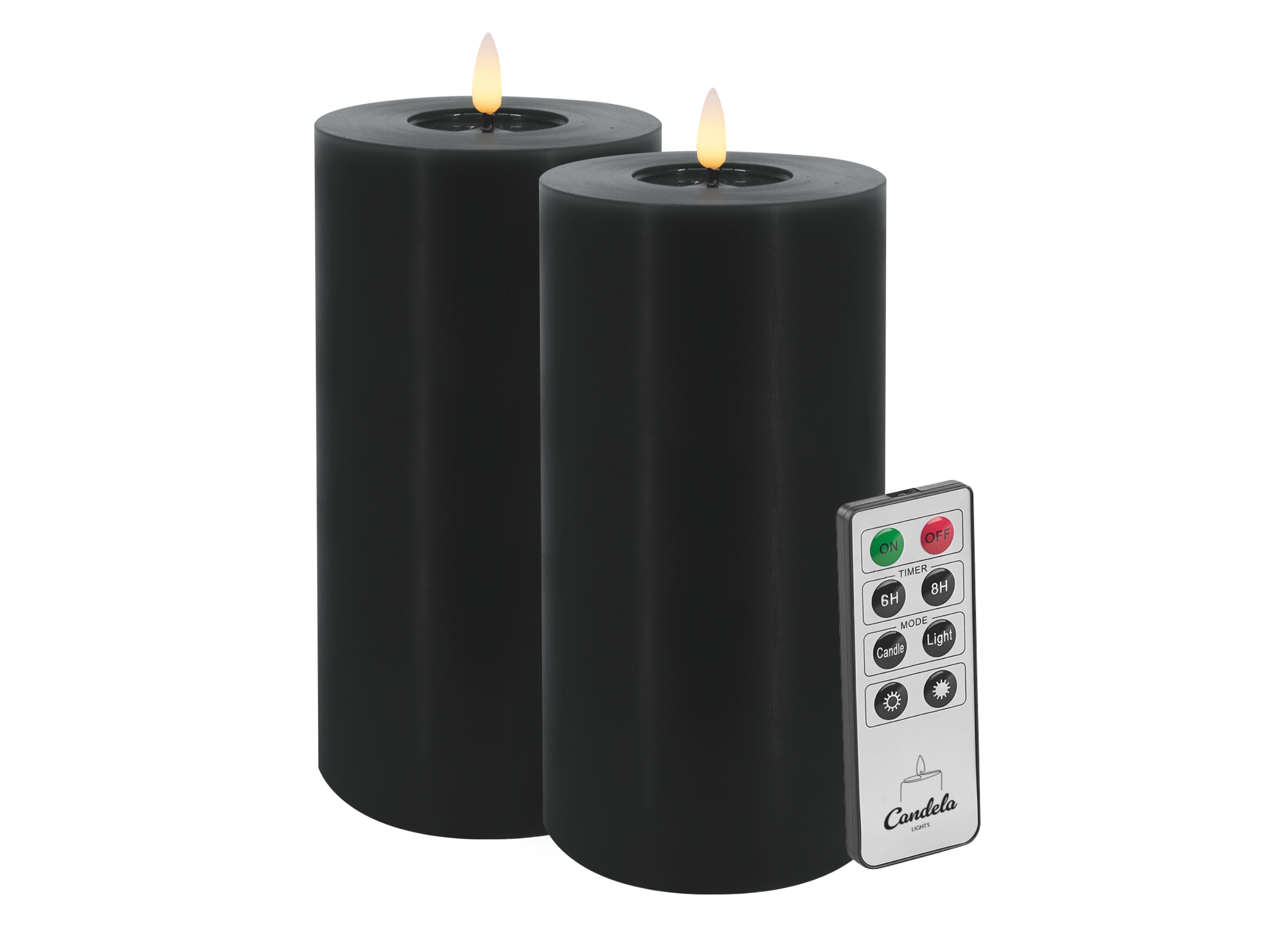 Candela LED Kerzen 2er Set H:20xØ10cm Winter schwarz glatt Echtwachs mit Fernbedienung Timer Funktion & mehrstufig dimmbar flammenlos Echtwachskerzen Stumpenkerze