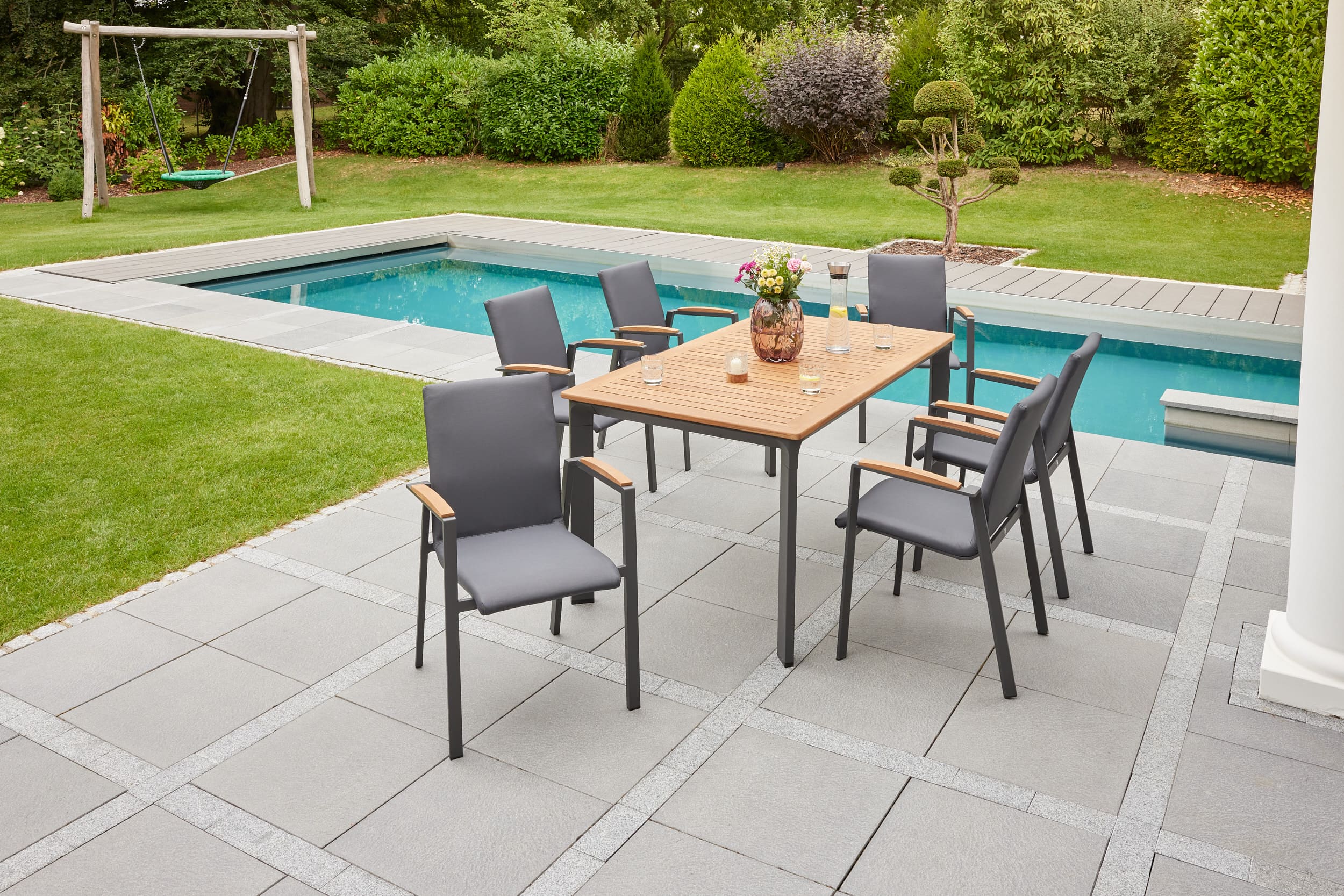 LC Garden 4er Set »Unicamo Sunvego« Stapelstuhl Textilen anthrazit Teakholz Gartenstuhl