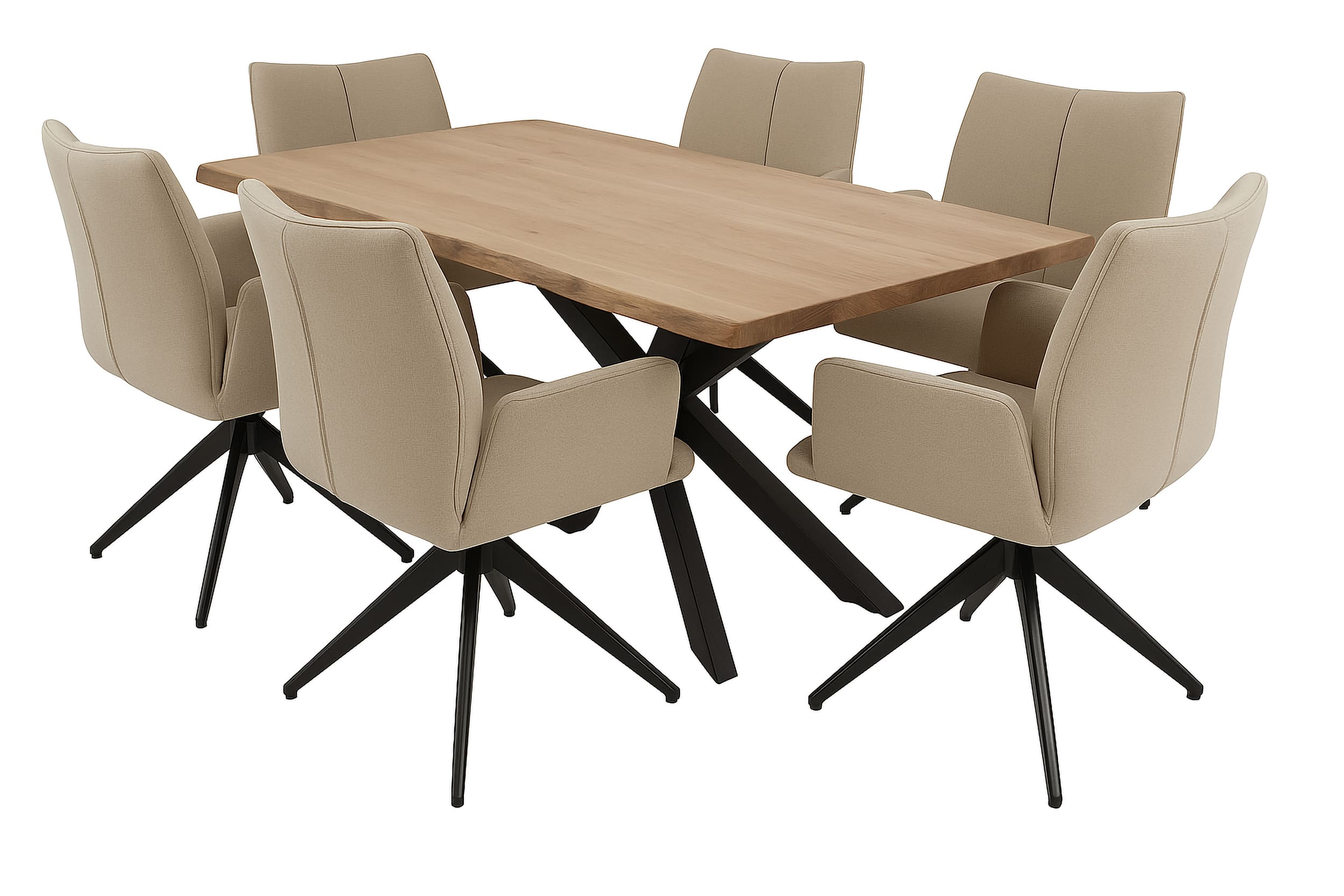 LC Home Essgruppe Monti 7tlg. Esstisch Wildeiche Stern-Gestell 180x90cm + 6 Esszimmerstühle Monti Creme