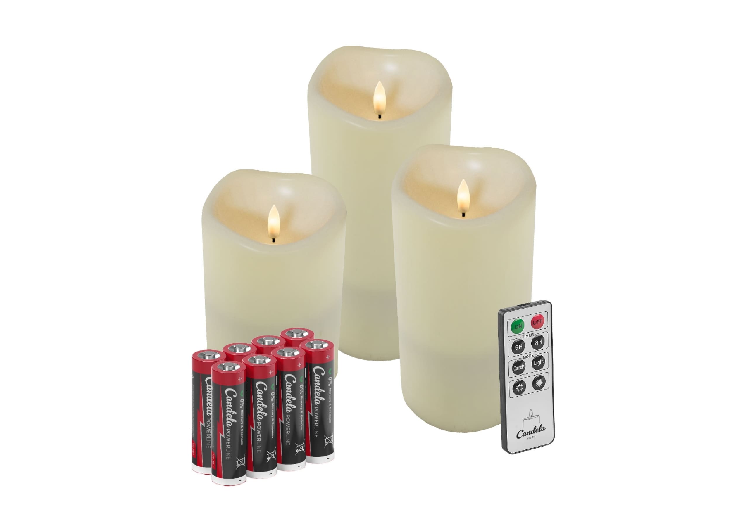 Candela Lights Outdoor LED Kerzen 3er Set Cream inkl. Fernbedienung + 6 Batterien Timer Funktion & mehrstufig dimmbar flammenlos Stumpenkerzen