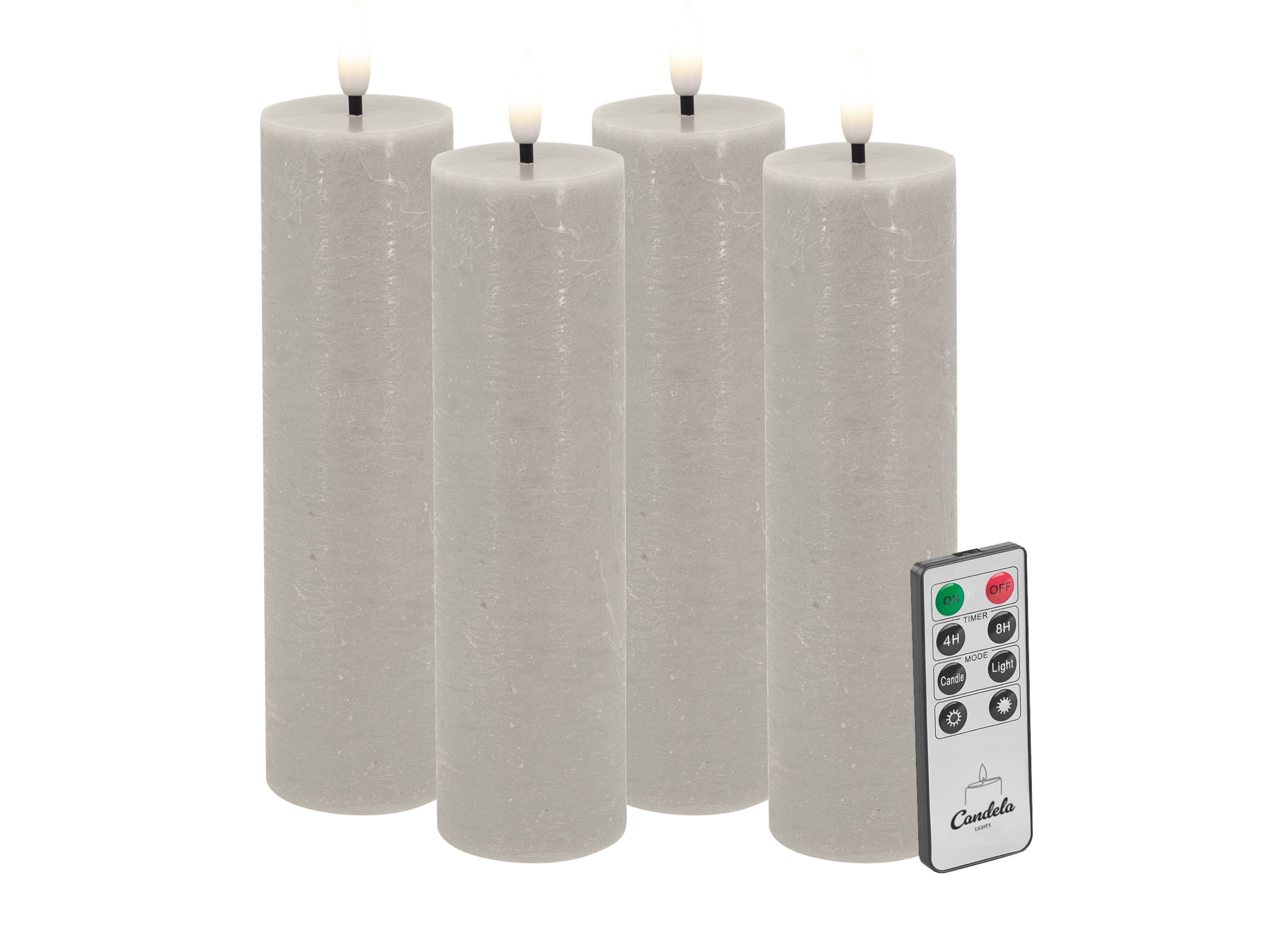 Candela LED Kerzen 4er Set H:17,5xØ5cm sand rustic Echtwachs mit Fernbedienung Timer Funktion & mehrstufig dimmbar flammenlos Echtwachskerzen Stumpenkerze