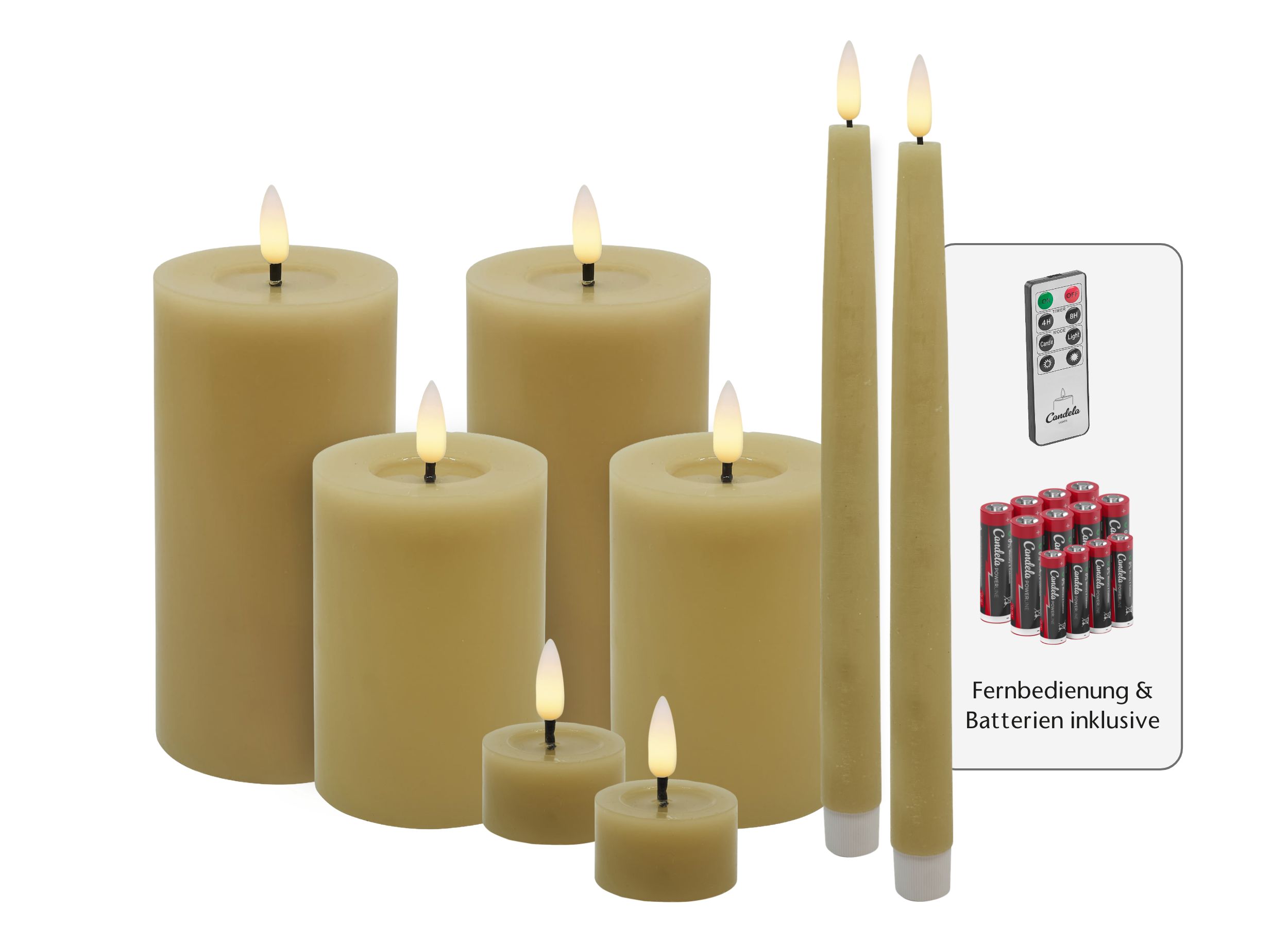 Candela Lights LED Kerzen 8er Set Winter vanilla glatt Echtwachs inklusive Fernbedienung und Batterien Timer Funktion & mehrstufig dimmbar flammenlos Echtwachskerzen Stumpenkerzen