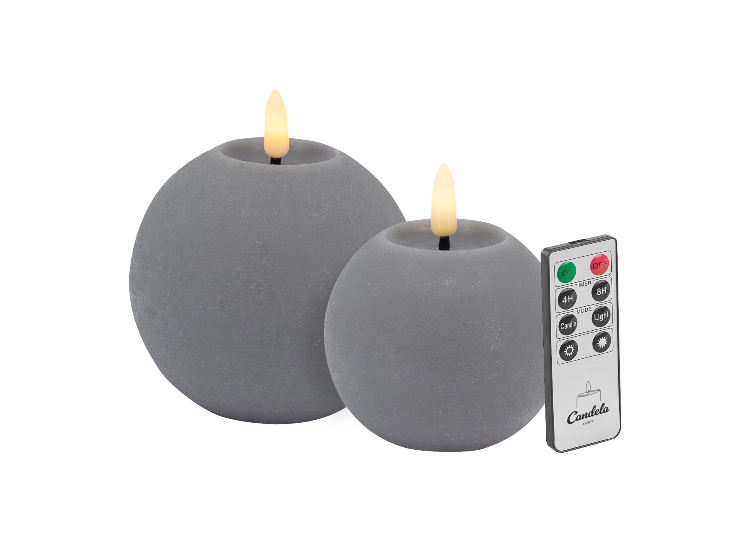 Candela Lights LED Kerzen 2er Set Kugelkerze grau rustic Echtwachs mit Fernbedienung Timer Funktion & mehrstufig dimmbar flammenlos Echtwachskerzen