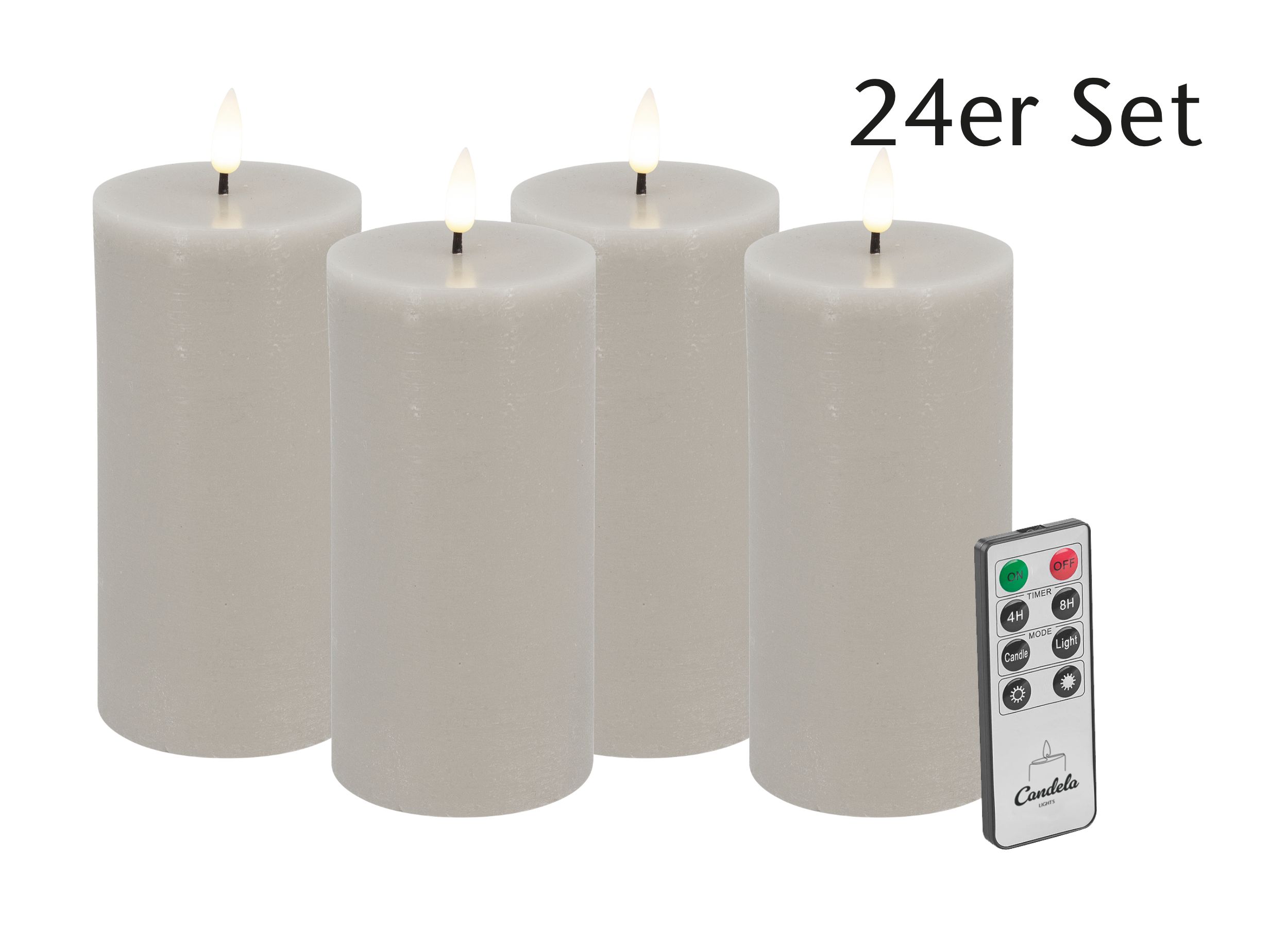 Candela LED Kerzen 24er Set H:15xØ7,5cm sand rustic Echtwachs mit Fernbedienung Timer Funktion & mehrstufig dimmbar flammenlos Echtwachskerzen Stumpenkerze