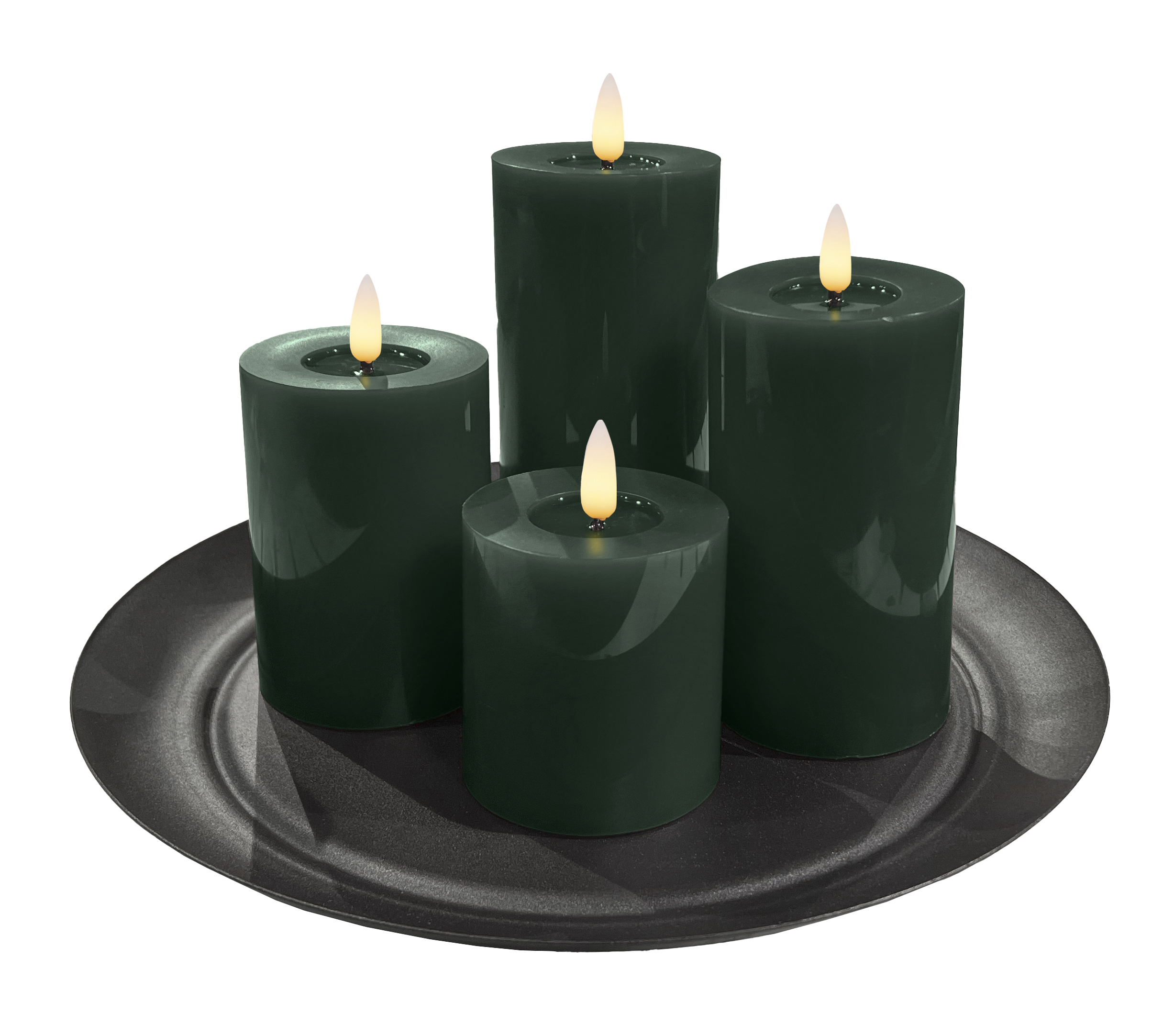 Candela Lights LED Kerzen 4er Set Stumpenkerze inkl. Kerzenteller grün Echtwachs mit Fernbedienung Timer Funktion & mehrstufig dimmbar bewegliche Flamme Echtwachskerzen