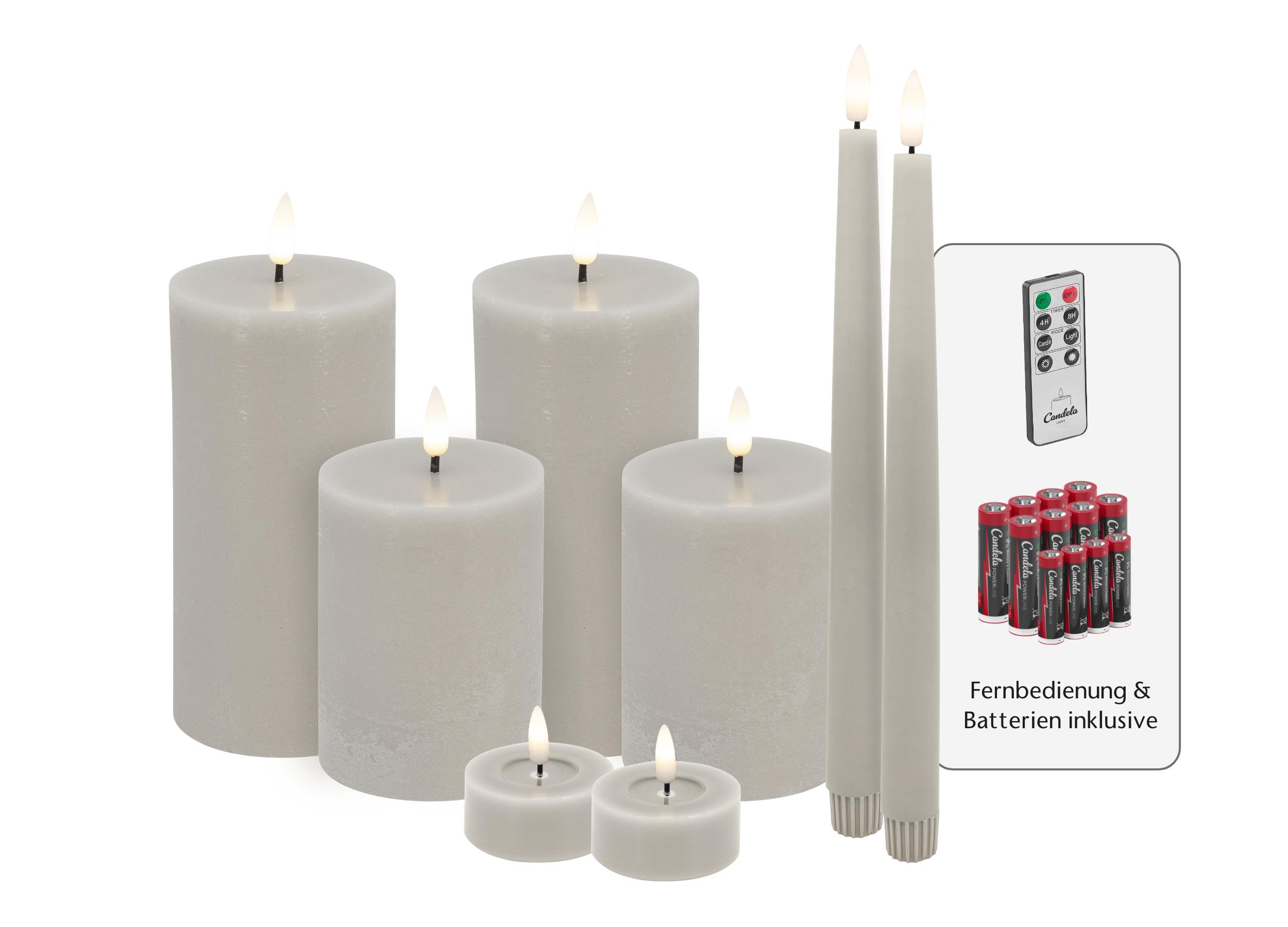 Candela Lights LED Kerzen 8er Set Basic Sand rustic Echtwachs inklusive Fernbedienung und Batterien Timer Funktion & mehrstufig dimmbar flammenlos Echtwachskerzen Stumpenkerzen