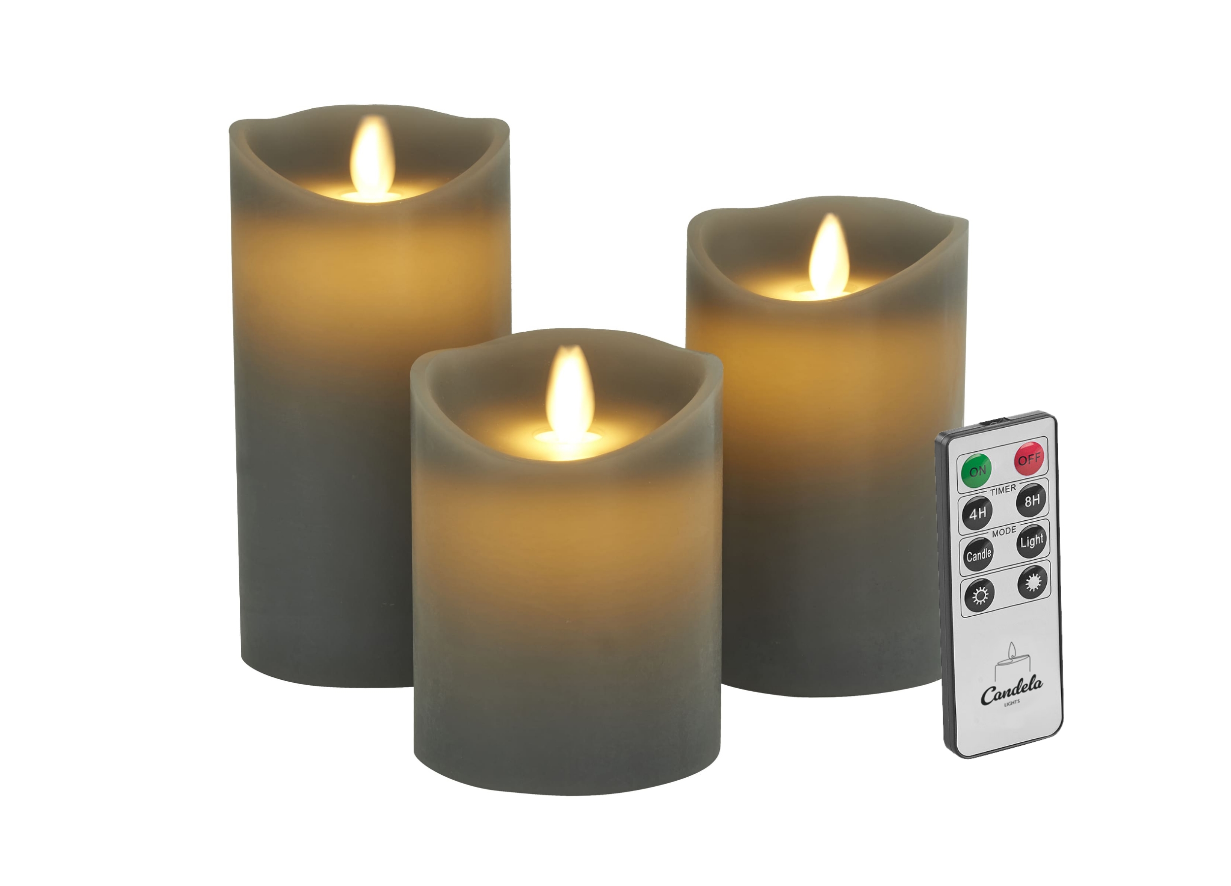Candela Lights LED Kerzen 3er Set Stumpenkerze grau Echtwachs mit Fernbedienung Timer Funktion & mehrstufig dimmbar bewegliche Flamme Echtwachskerzen Candela Lights LED Kerzen 3er Set Stumpenkerze grau Echtwachs mit Fernbedienung Timer Funktion & mehrstufig dimmbar bewegliche Flamme Echtwachskerzen