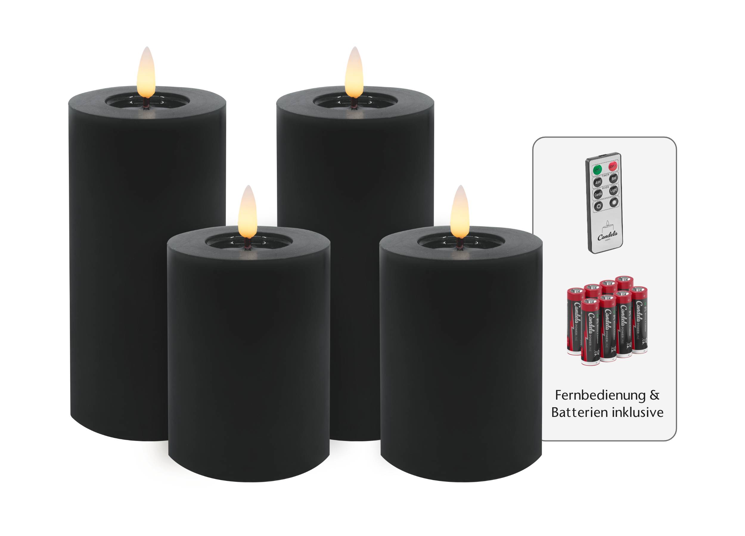 Candela Lights LED Kerzen 4er Set Winter Schwarz glatt Echtwachs inklusive Fernbedienung und 8 Batterien Timer Funktion & mehrstufig dimmbar flammenlos Echtwachskerzen Stumpenkerzen