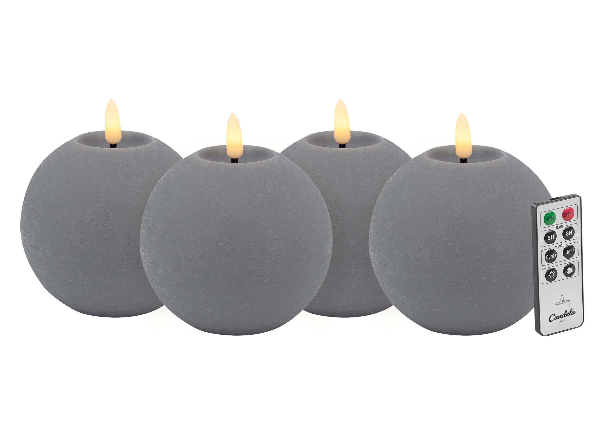 Candela Lights LED Kerzen 4er Set H:8,5Ø10cm rustic Echtwachs mit Fernbedienung Timer Funktion & mehrstufig dimmbar flammenlos Echtwachskerzen Kugelkerze