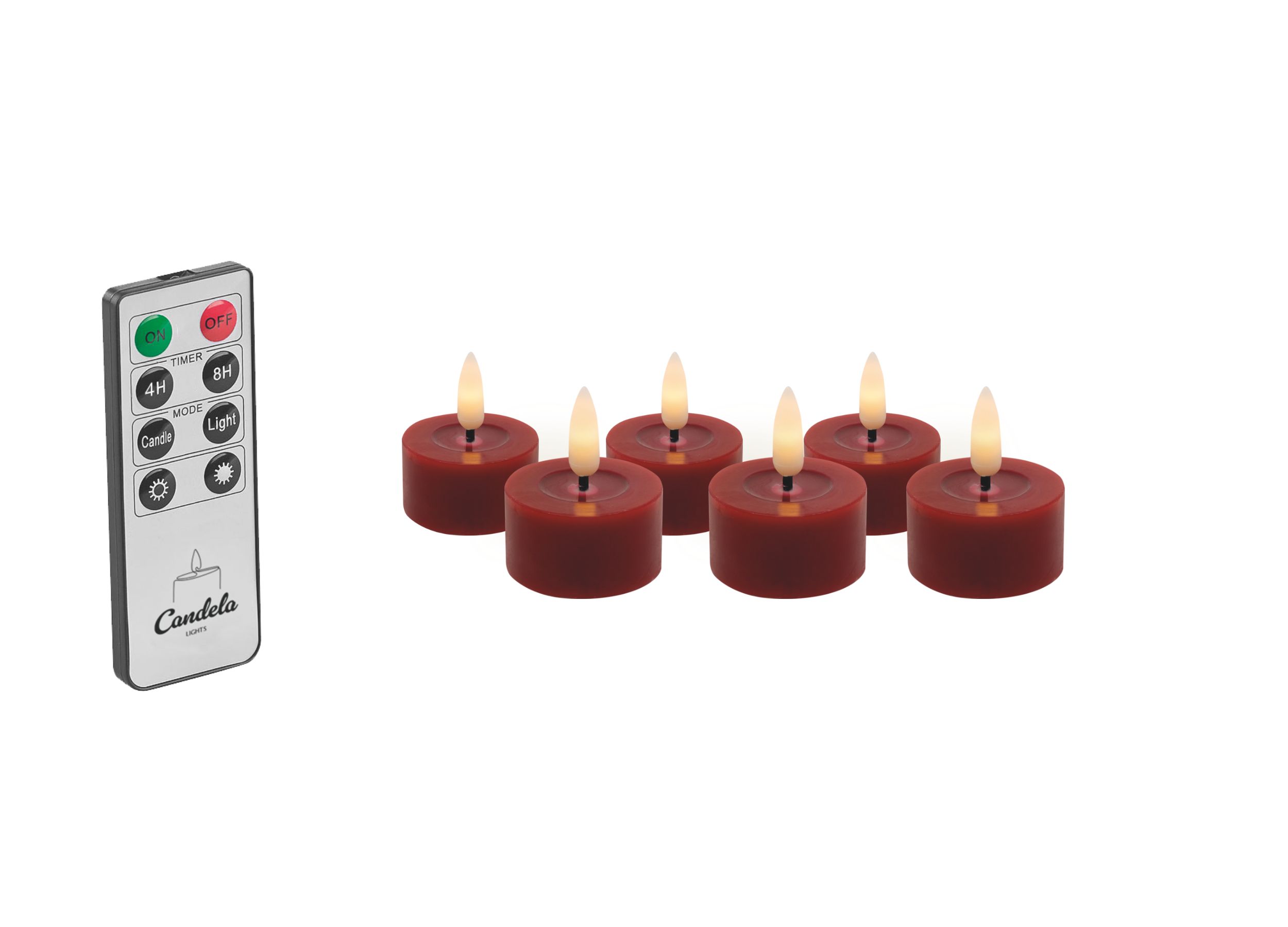 Candela Lights LED Kerzen 6er Set Ø4,5cm Winter rot glatt Echtwachs Teelicht mit Fernbedienung & Timerfunktion Flammenlose flackernde LED-Kerze mehrstufig dimmbar Candela Lights LED Kerzen 6er Set Ø4,5cm Winter rot glatt Echtwachs Teelicht mit Fernbedienung & Timerfunktion Flammenlose flackernde LED-Kerze mehrstufig dimmbar