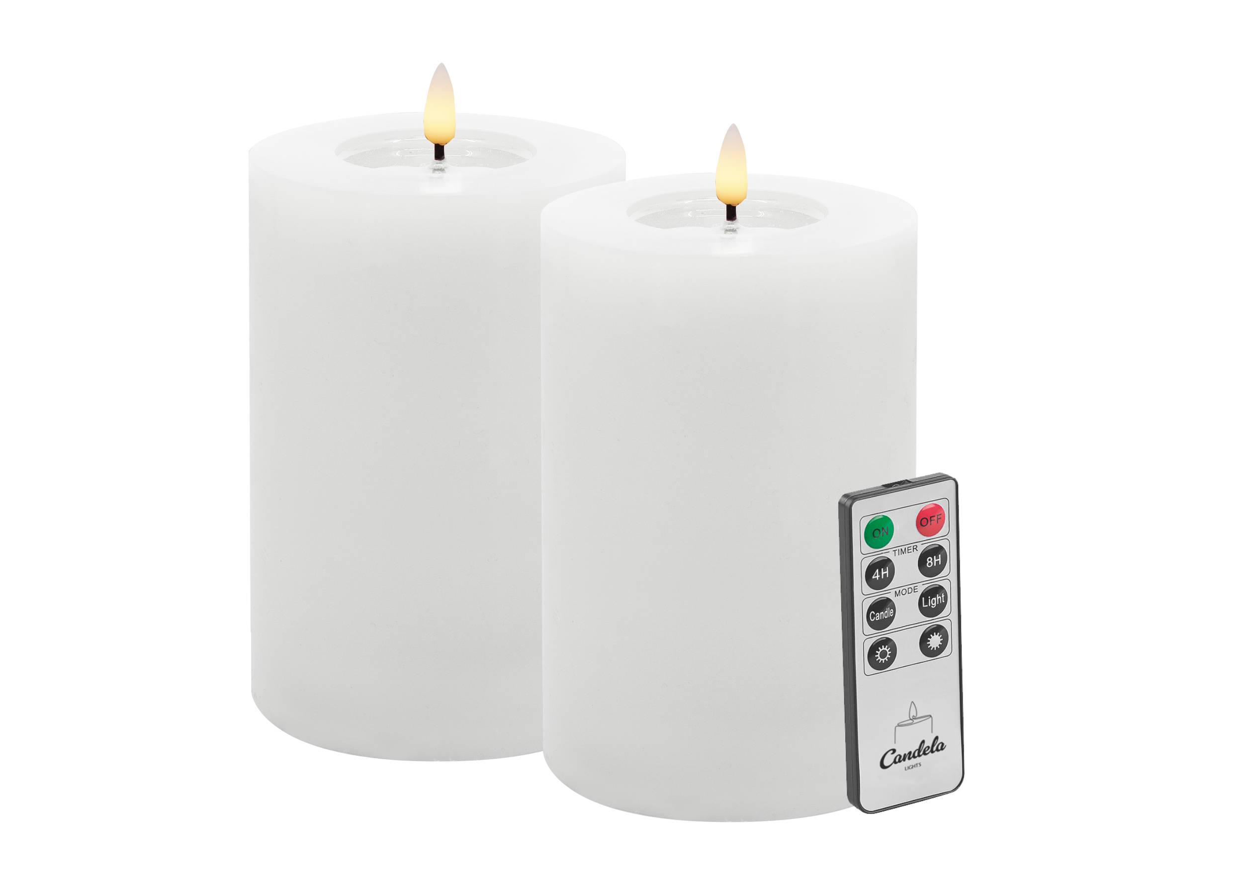 Candela LED Kerzen 2er Set H:15xØ10cm Winter White glatt Echtwachs mit Fernbedienung Timer Funktion & mehrstufig dimmbar flammenlos Echtwachskerzen Stumpenkerze