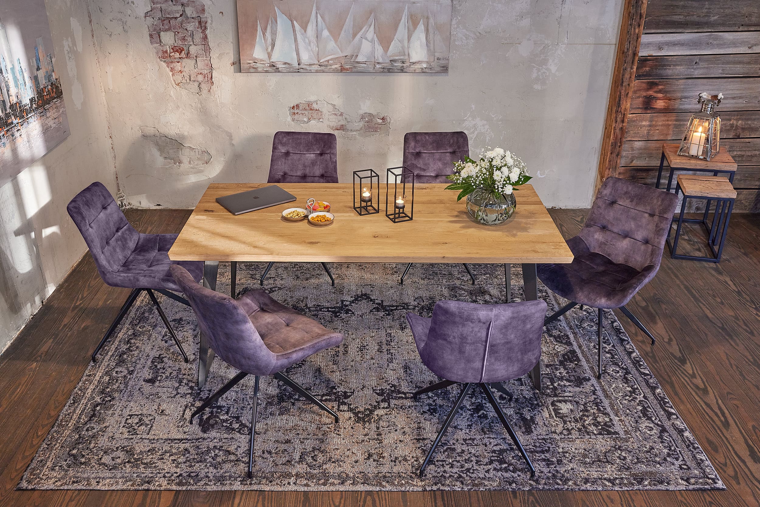 LC Home »Hanoi« Dining Set IV Sitzgruppe Natur Samt Graphit