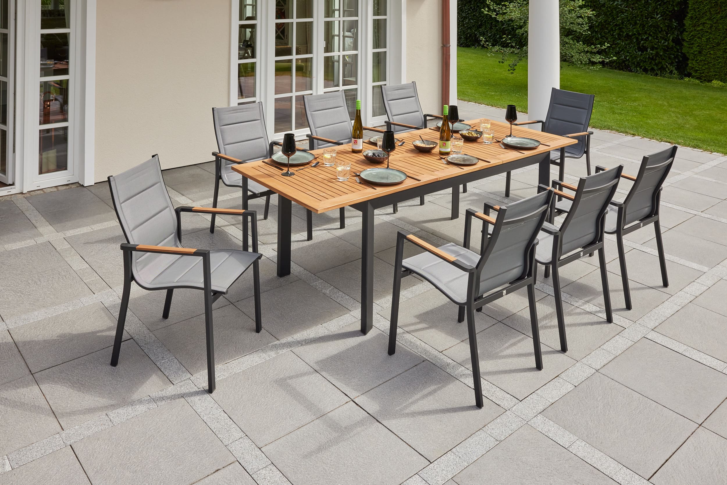 LC Garden »Unicamo« matt schwarz/Teak Dining Set III 9tlg. Sitzgruppe Textilen Gartenset