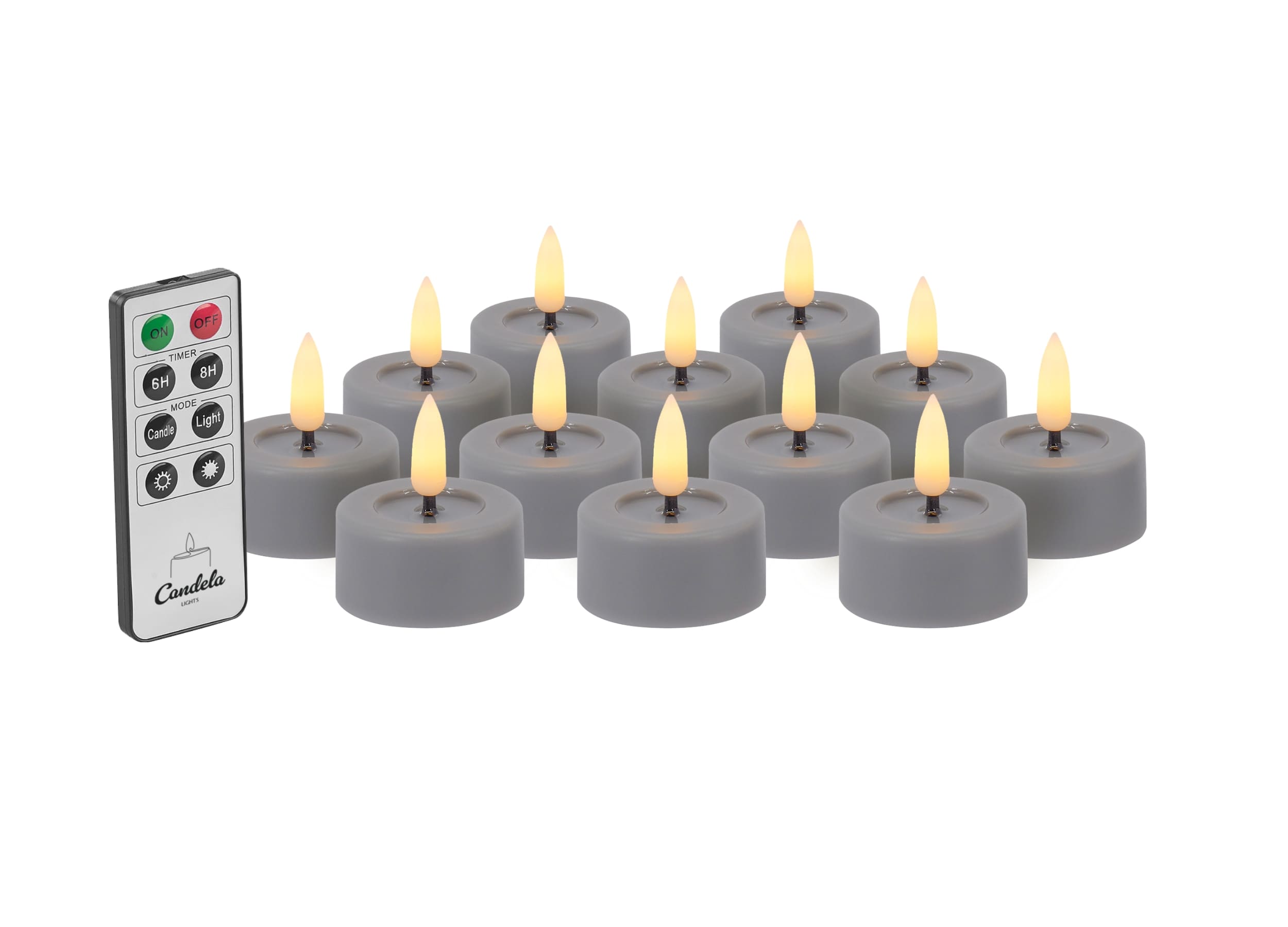 Candela Lights LED Kerzen 12er Set Ø4,5cm grau Teelicht mit Fernbedienung & Timerfunktion Flammenlose flackernde LED-Kerze mehrstufig dimmbar