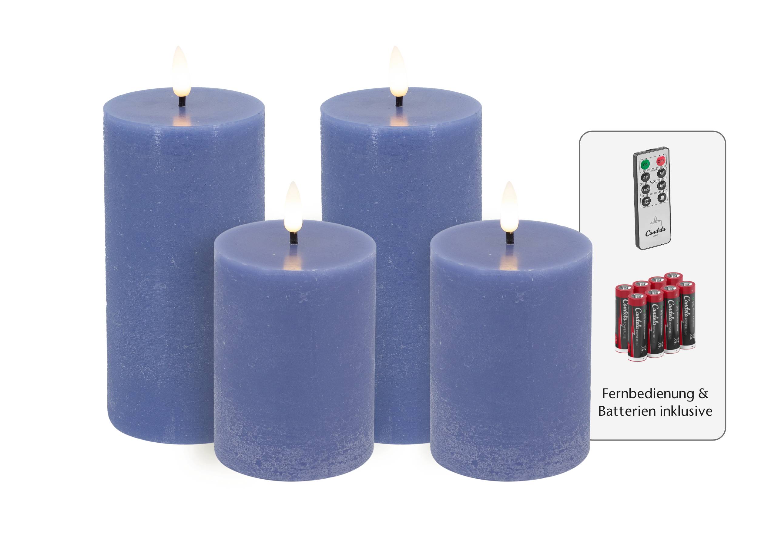 Candela Lights LED Kerzen 4er Set Stumpenkerze blau Echtwachs mit Fernbedienung Timer Funktion & mehrstufig dimmbar bewegliche Flamme Echtwachskerzen Candela Lights LED Kerzen 4er Set Stumpenkerze blau Echtwachs mit Fernbedienung Timer Funktion & mehrstufig dimmbar bewegliche Flamme Echtwachskerzen
