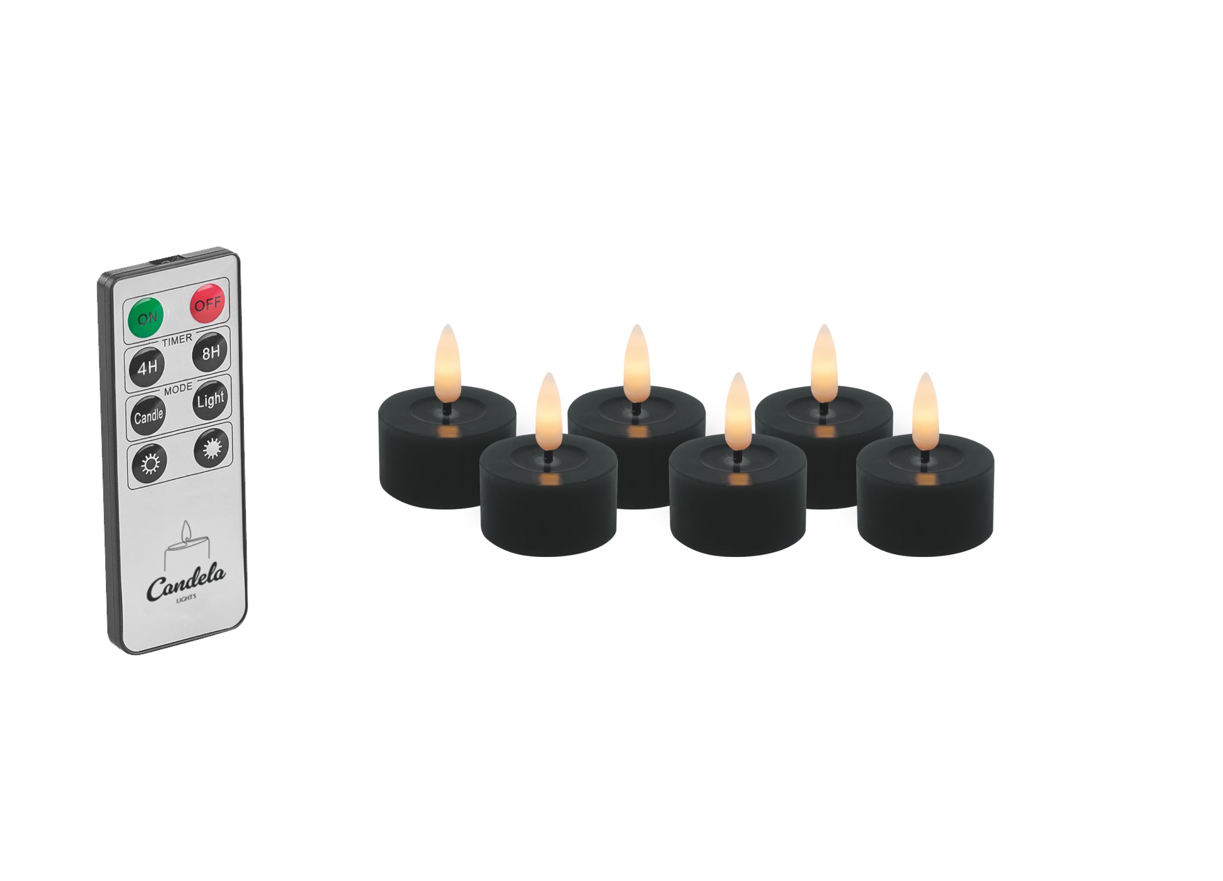 Candela Lights LED Kerzen 6er Set Ø4,5cm schwarz glatt smooth Echtwachs Teelicht mit Fernbedienung & Timerfunktion Flammenlose flackernde LED-Kerze mehrstufig dimmbar
