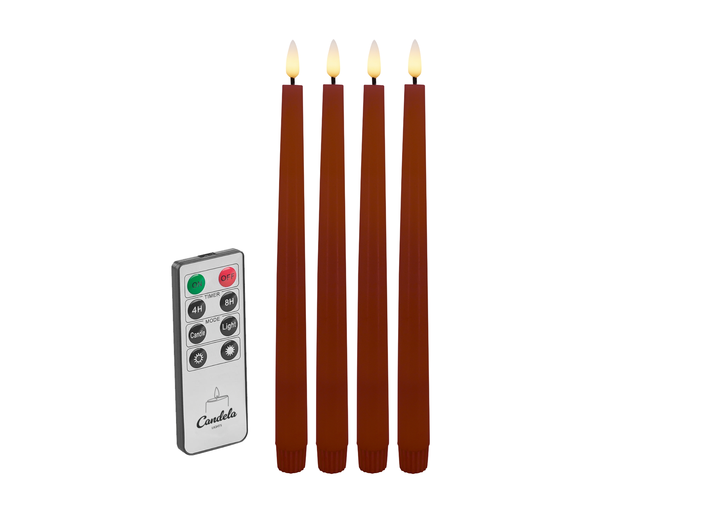 Candela Lights LED Echtwachs Stabkerze 4er Set Winter rot H:26,5xØ2,2cm mit Timerfunktion & Fernbedienung Dinnerkerzen dimmbar Tafelkerzen Spiralkerzen