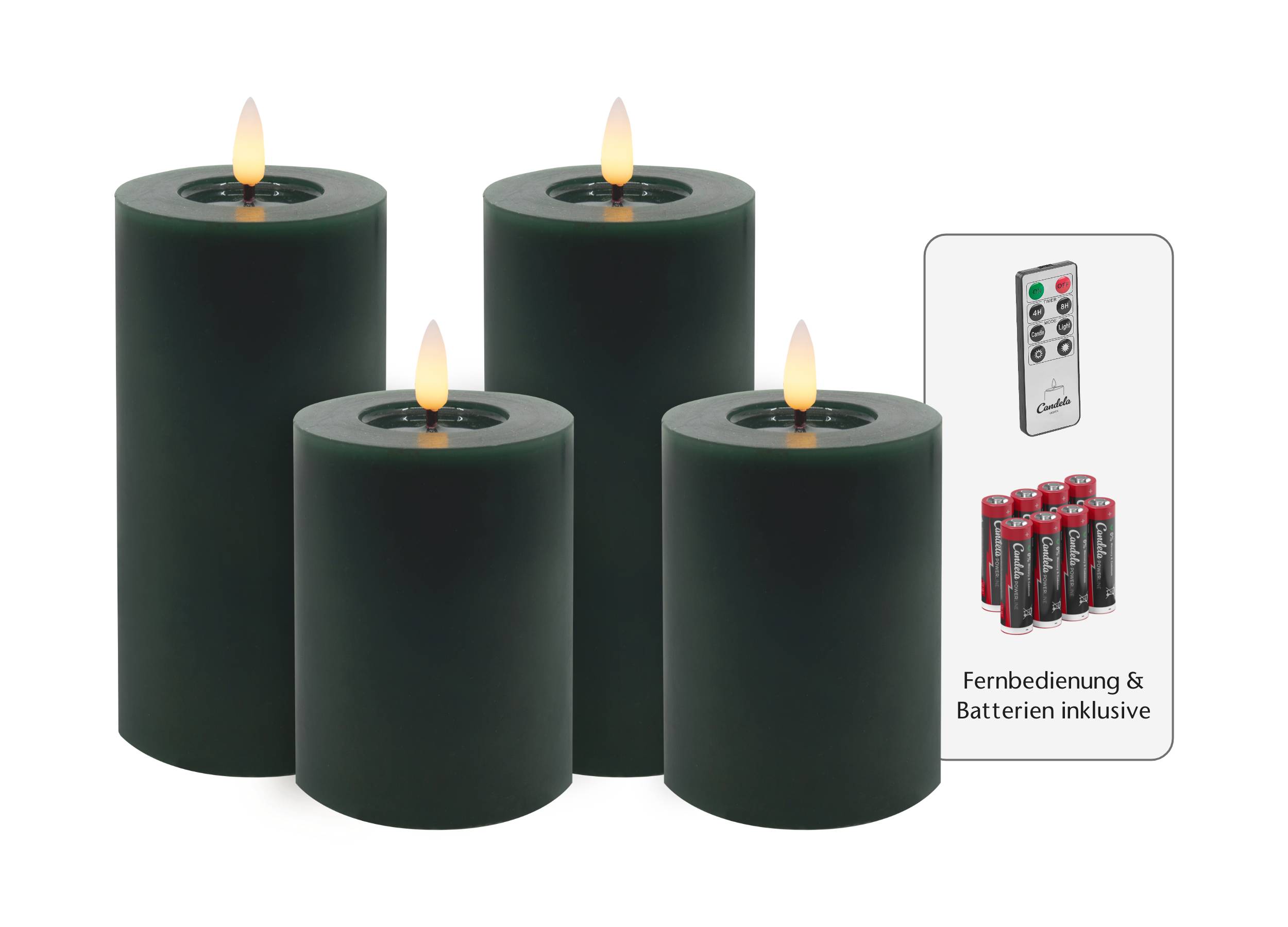 Candela Lights LED Kerzen 4er Set Winter Grün glatt Echtwachs inklusive Fernbedienung und 8 Batterien Timer Funktion & mehrstufig dimmbar flammenlos Echtwachskerzen Stumpenkerzen