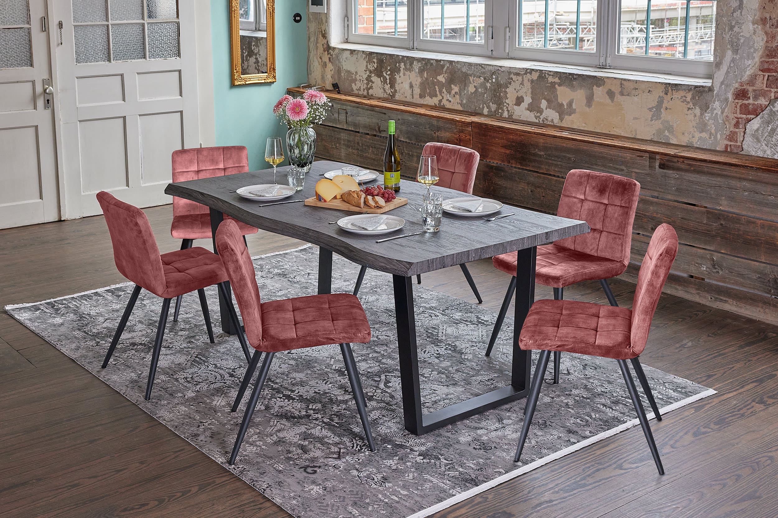 LC Home »Manado« Dining Set III Sitzgruppe Grau Samt Rosa