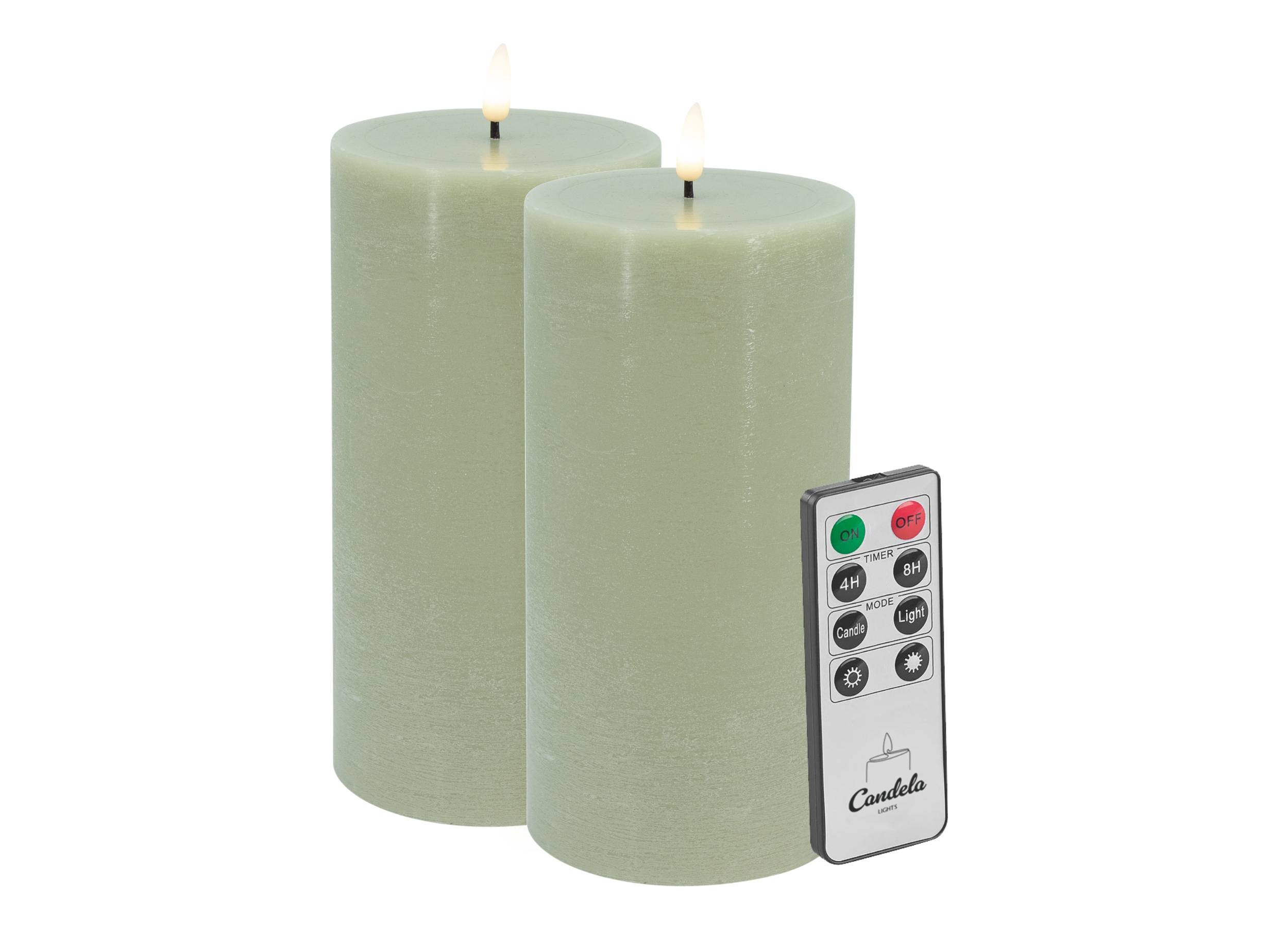 Candela LED Kerzen 2er Set H:20xØ10cm grün rustic Echtwachs mit Fernbedienung Timer Funktion & mehrstufig dimmbar flammenlos Echtwachskerzen Stumpenkerze