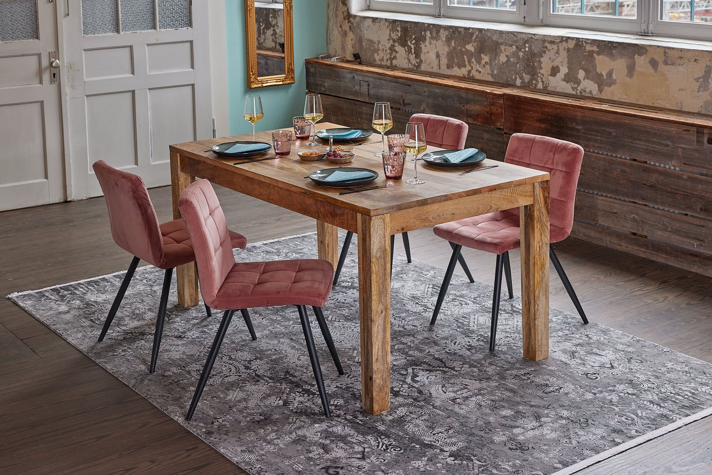 LC Home »Bombay« Dining Set III Sitzgruppe Natur Samt Rosa