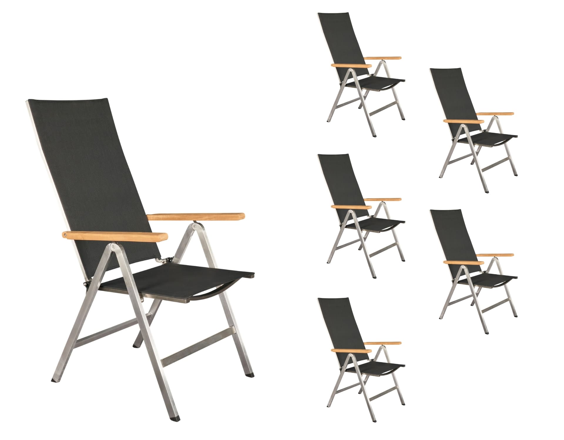 LC Garden 6er Set »Steelado« Klappsessel Textilen Edelstahl/schwarz Klappstuhl Teakholz Gartenstuhl