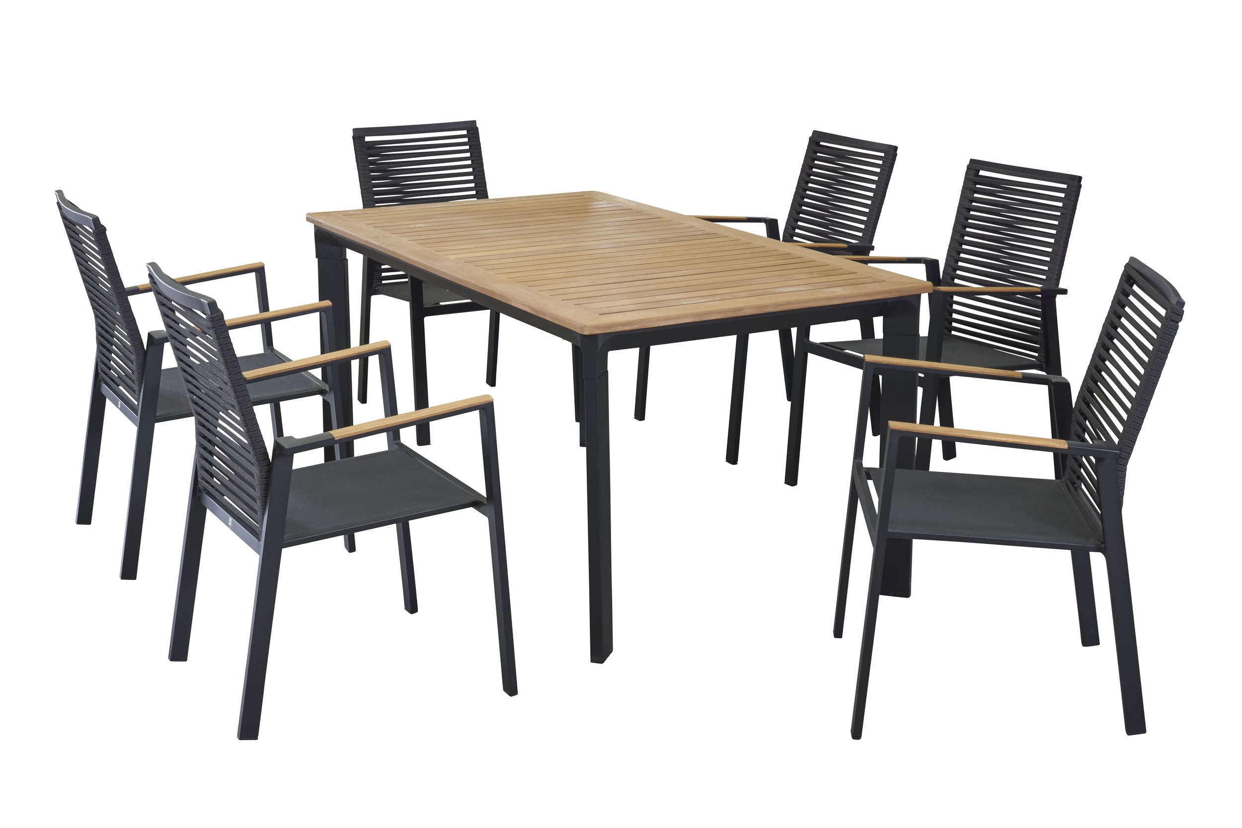 LC Garden »Unicamo Nature Rope« Dining Set II Rope/Textilen schwarz Teakholz 7tlg. Sitzgruppe Gartenset