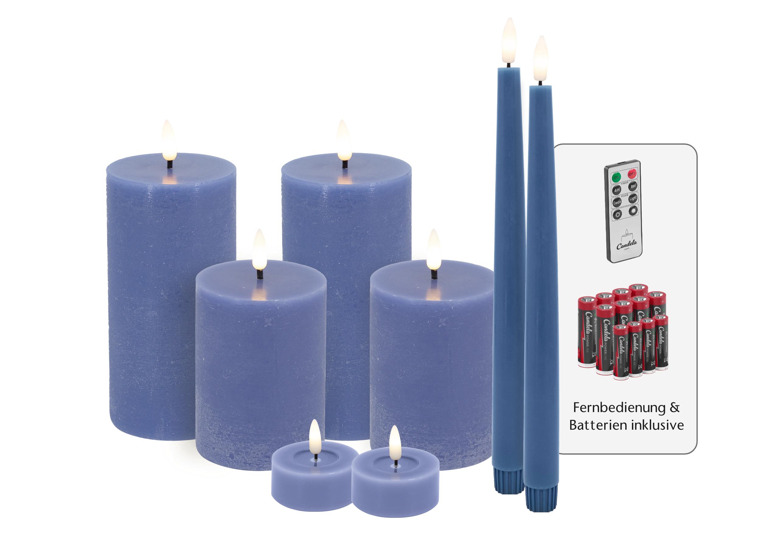 Candela Lights LED Kerzen 8er Set Basic Blau rustic Echtwachs inklusive Fernbedienung und Batterien Timer Funktion & mehrstufig dimmbar flammenlos Echtwachskerzen Stumpenkerzen Candela Lights LED Kerzen 8er Set Basic Blau rustic Echtwachs inklusive Fernbedienung und Batterien Timer Funktion & mehrstufig dimmbar flammenlos Echtwachskerzen Stumpenkerzen