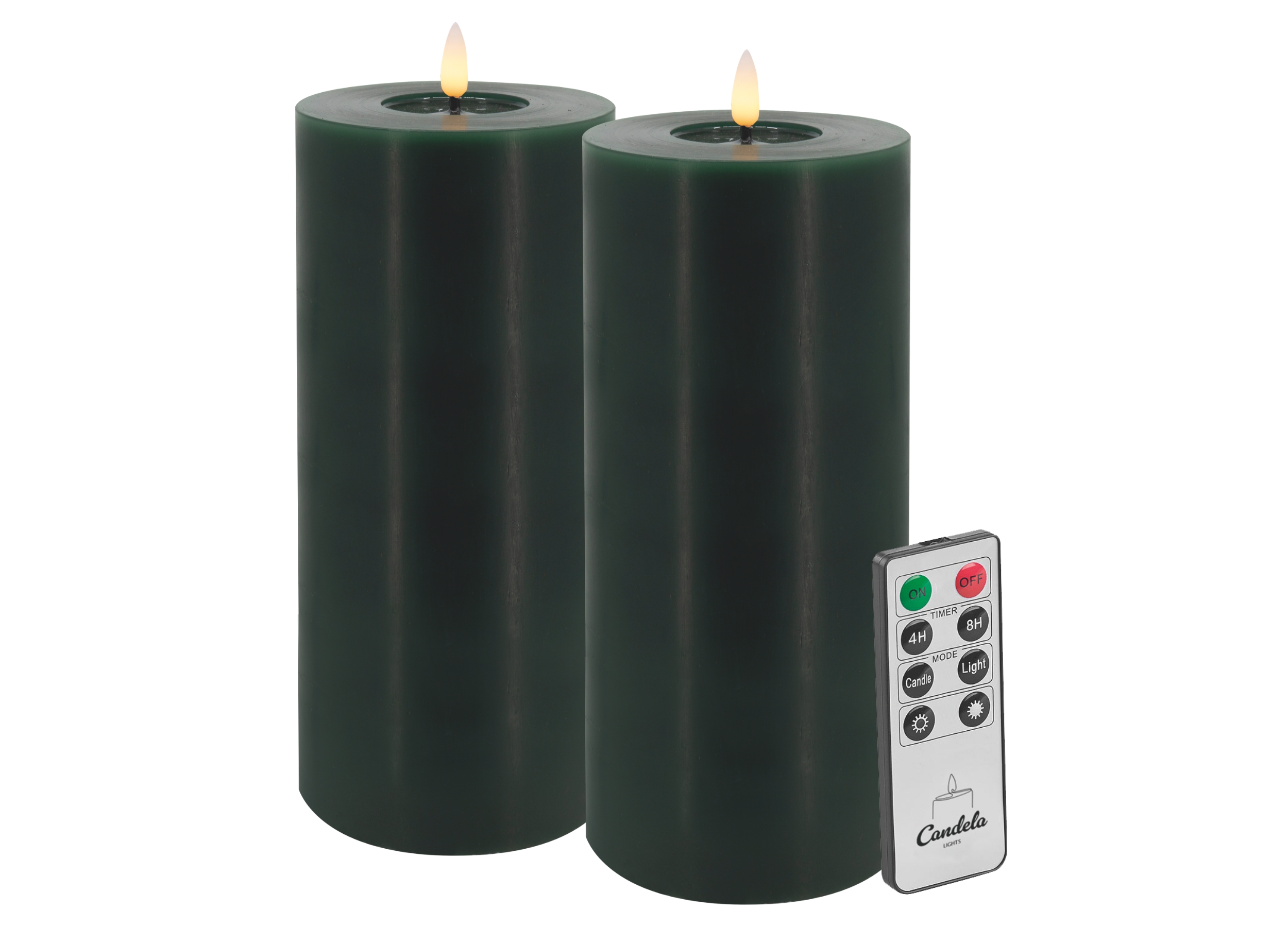 Candela LED Kerzen 2er Set H:25xØ10cm Winter Green Smooth-Finish Echtwachs mit Fernbedienung Timer Funktion & mehrstufig dimmbar flammenlos Echtwachskerzen Stumpenkerze