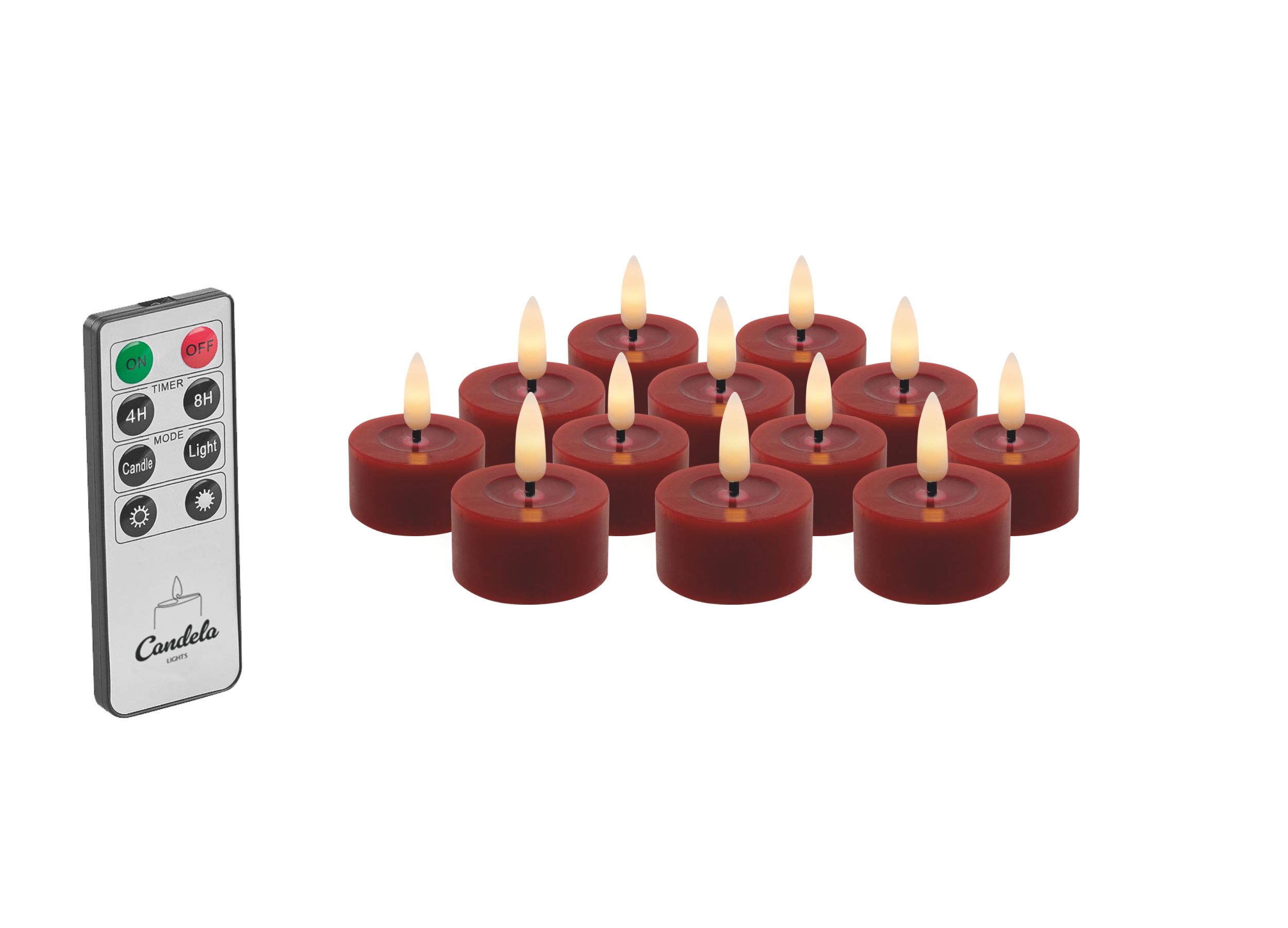 Candela Lights LED Kerzen 12er Set Ø4,5cm Winter rot glatt Echtwachs Teelicht mit Fernbedienung & Timerfunktion Flammenlose flackernde LED-Kerze mehrstufig dimmbar Candela Lights LED Kerzen 12er Set Ø4,5cm Winter rot glatt Echtwachs Teelicht mit Fernbedienung & Timerfunktion Flammenlose flackernde LED-Kerze mehrstufig dimmbar