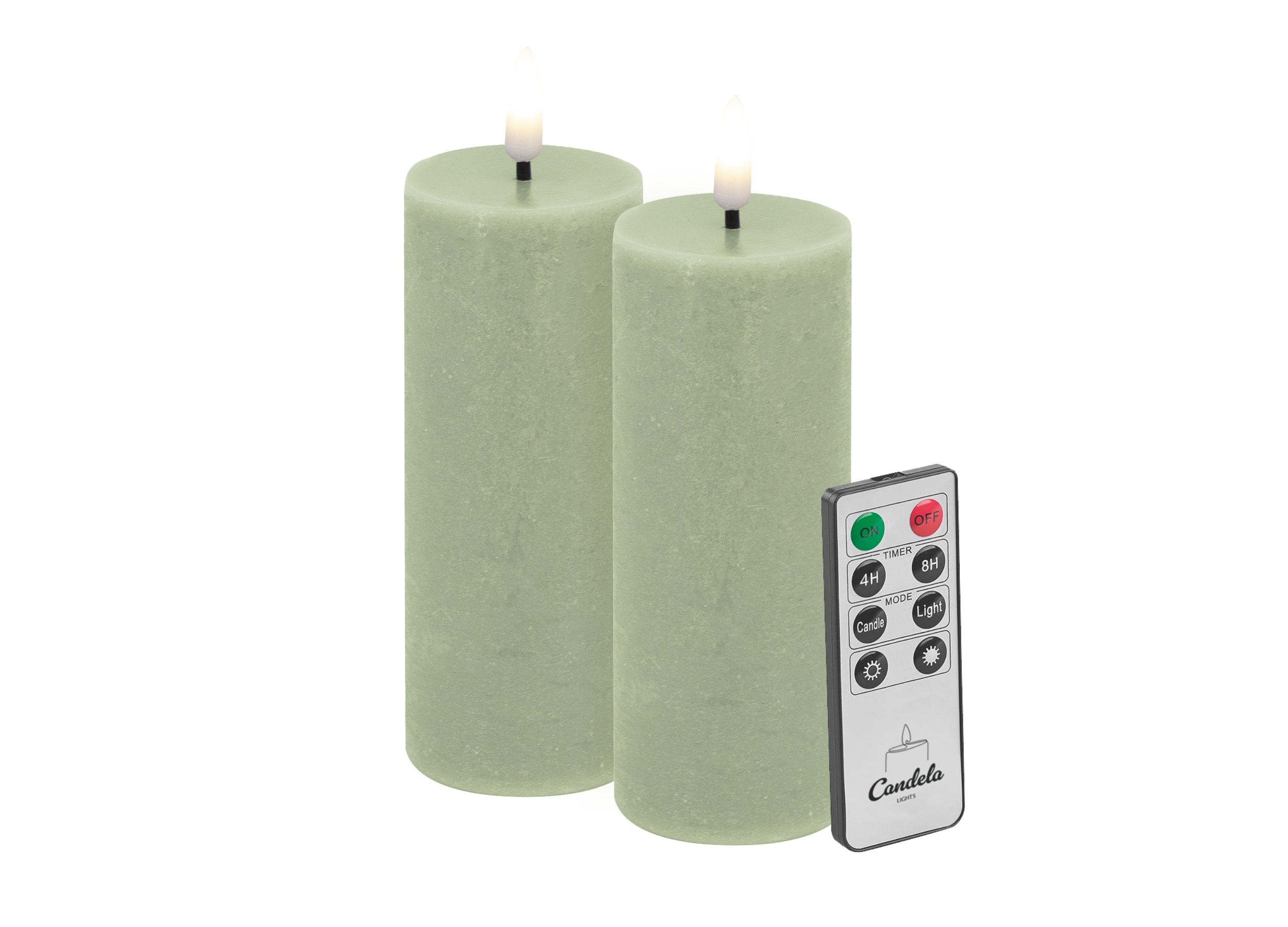Candela LED Kerzen 2er Set H:10xØ5cm grün rustic Echtwachs mit Fernbedienung Timer Funktion & mehrstufig dimmbar flammenlos Echtwachskerzen Stumpenkerze