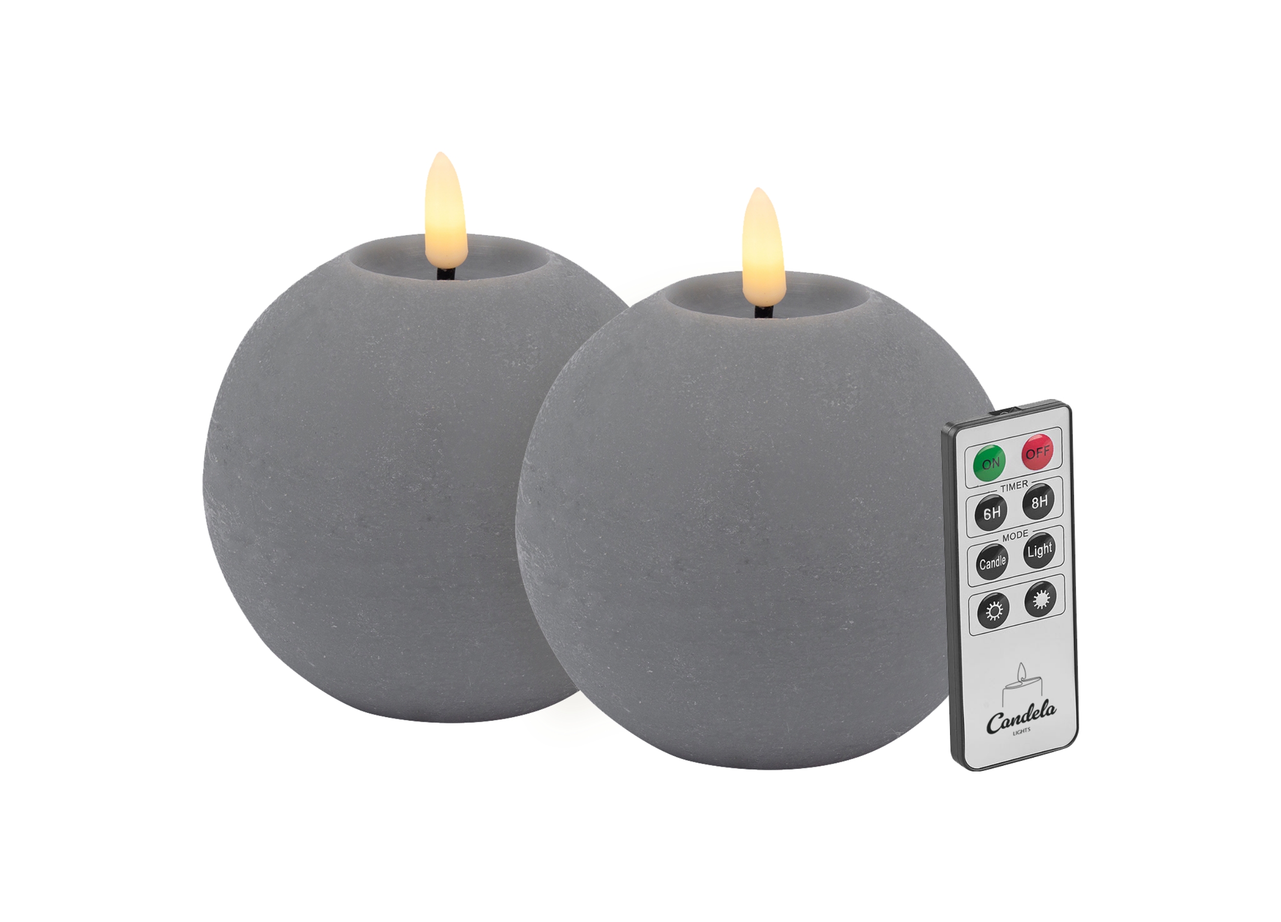 Candela Lights LED Kerzen 2er Set Ø10x8,5cm grau rustic Kugelkerze Echtwachs mit Fernbedienung & Timerfunktion Flammenlose flackernde LED-Kerze mehrstufig dimmbar