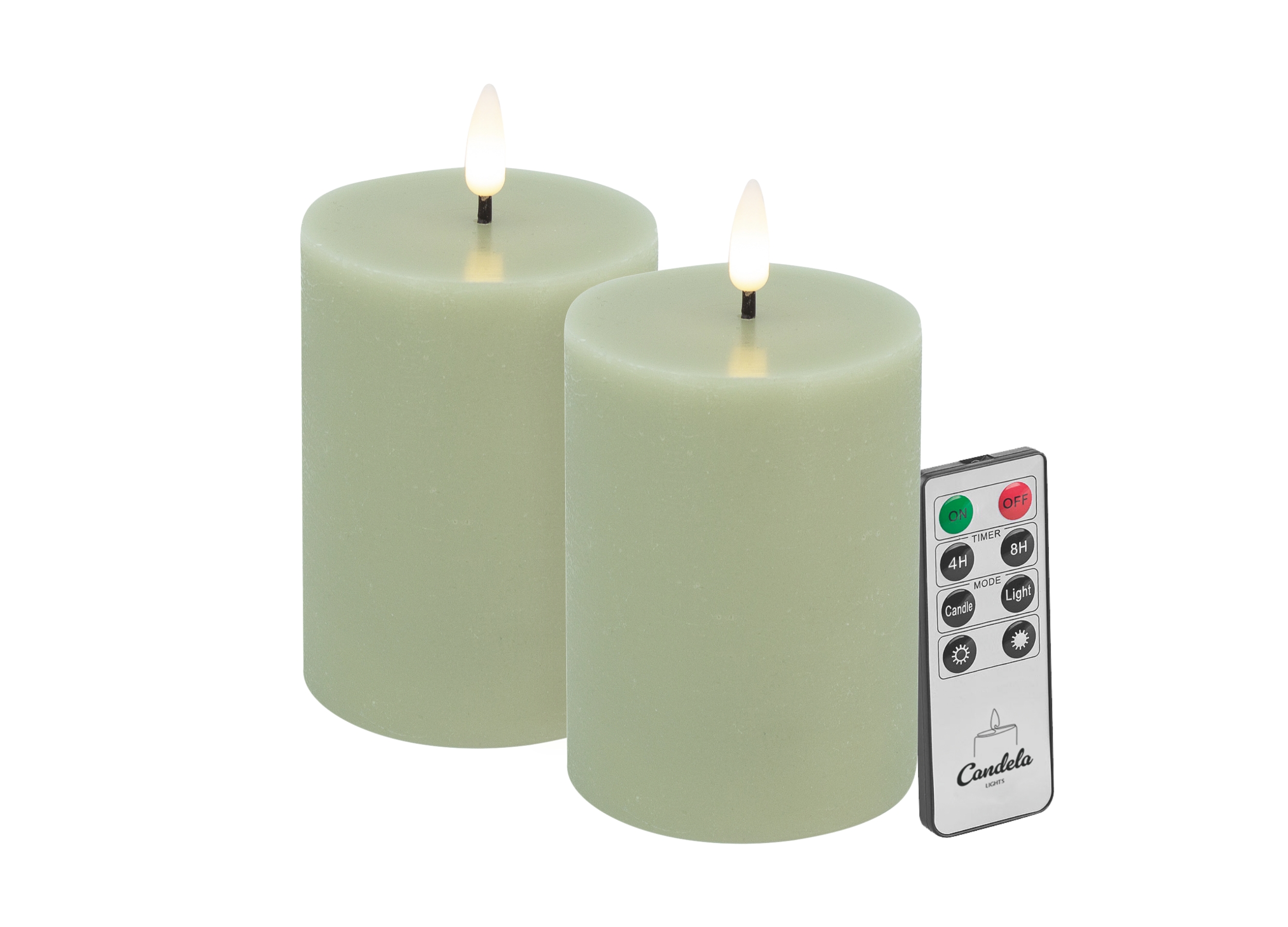 Candela LED Kerzen 2er Set H:10xØ7,5cm grün rustic Echtwachs mit Fernbedienung Timer Funktion & mehrstufig dimmbar flammenlos Echtwachskerzen Stumpenkerze