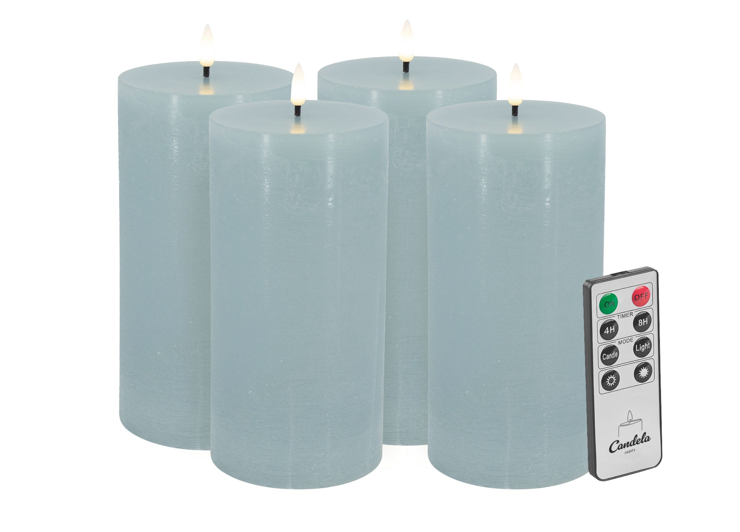 Candela Lights LED Kerzen 4er Set H:20xØ10cm Summer Blue rustic Stumpenkerze Echtwachs mit Fernbedienung & Timerfunktion Flammenlose flackernde LED-Kerze mehrstufig dimmbar
