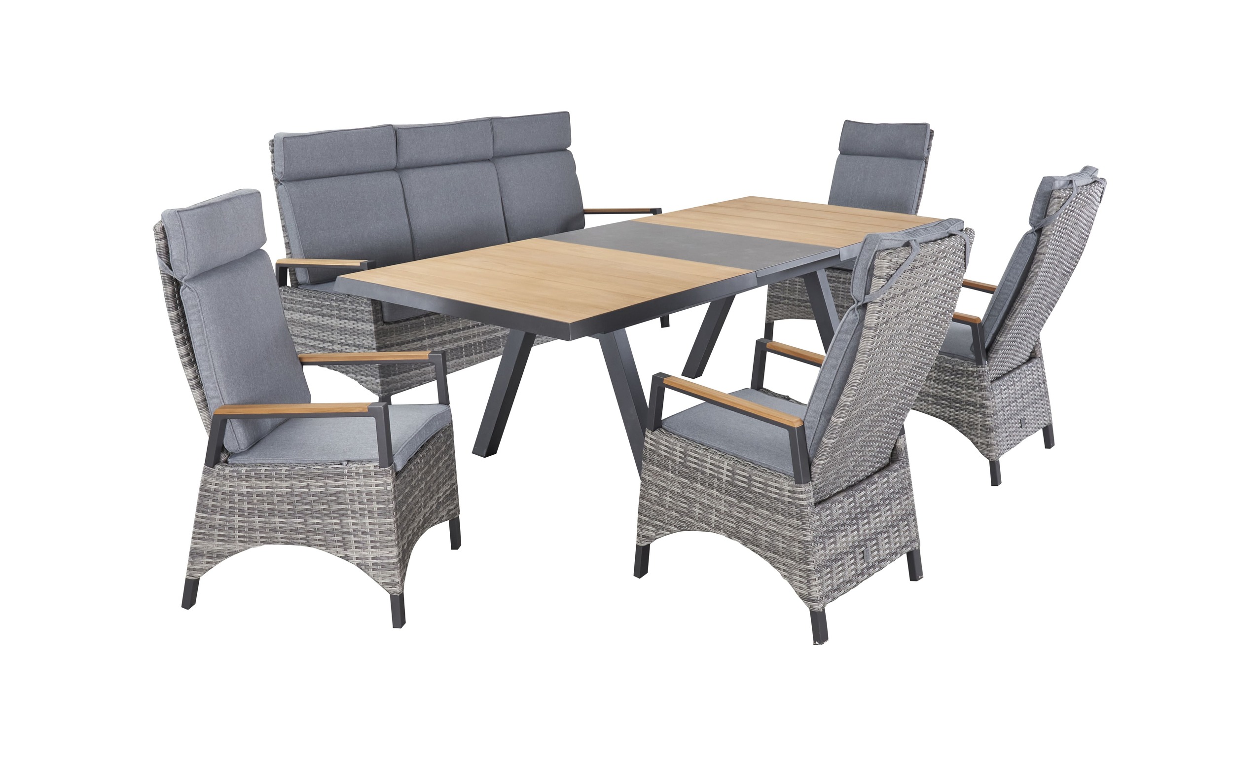 LC Garden »Kumasi« Gartenset II 6tlg. Esstisch 200/260x100cm Aluminium/Teakholz/Keramik + 4 Positionsstühle + 3-Sitzer Sofa mit Teak-Armlehne