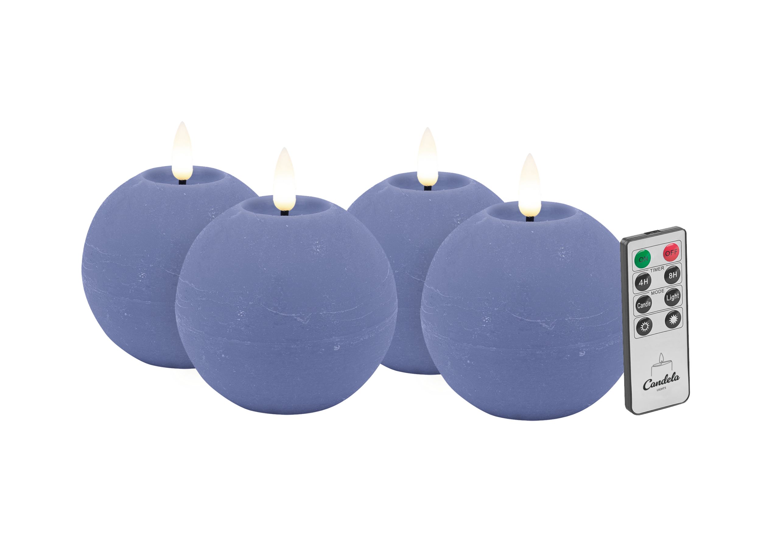 Candela LED Kerzen 4er Set H:8xØ10cm blau rustic Echtwachs mit Fernbedienung Timer Funktion & mehrstufig dimmbar flammenlos Echtwachskerzen Kugelkerze