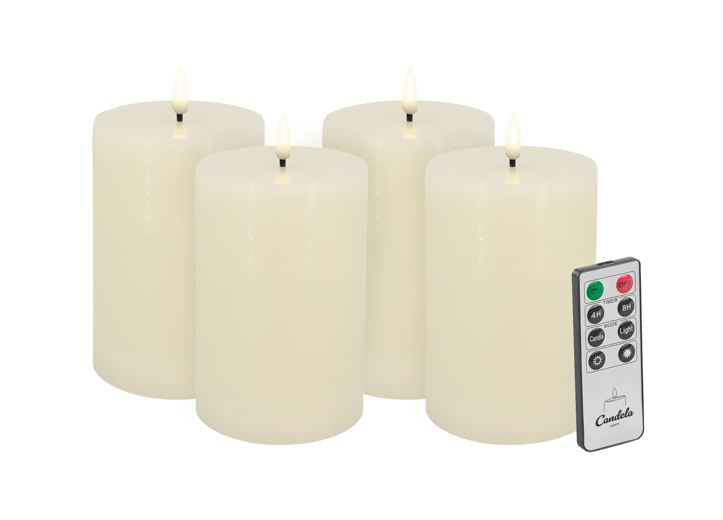 Candela Lights LED Kerzen 4er Set H15xØ10cm creme rustic Echtwachs mit Fernbedienung Timer Funktion & mehrstufig dimmbar flammenlos Echtwachskerzen Stumpenkerze