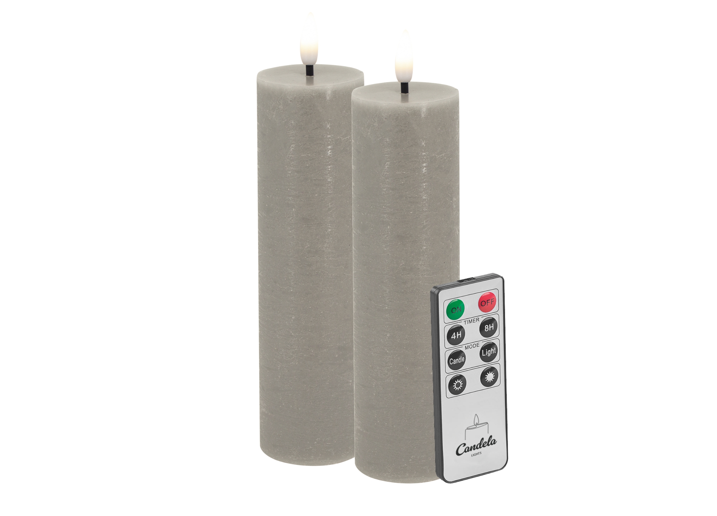 Candela LED Kerzen 2er Set H:17,5xØ5cm taupe rustic Echtwachs mit Fernbedienung Timer Funktion & mehrstufig dimmbar flammenlos Echtwachskerzen Stumpenkerze